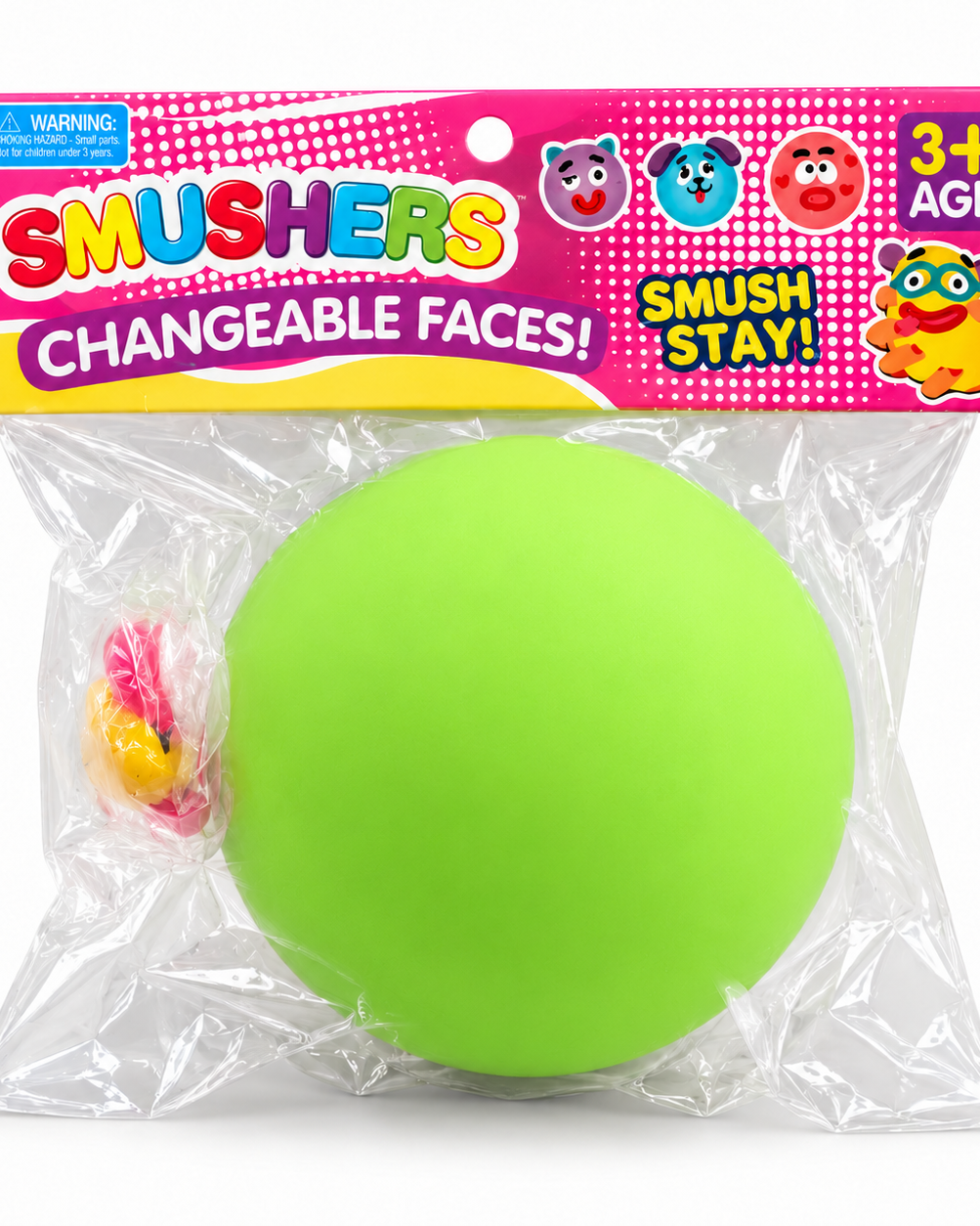 a round changeable face squishy balls with a soft matte-like surface, squeezable construction, assorted removable facial pieces, customizable expressions, vibrant color options, and individual packaging in green