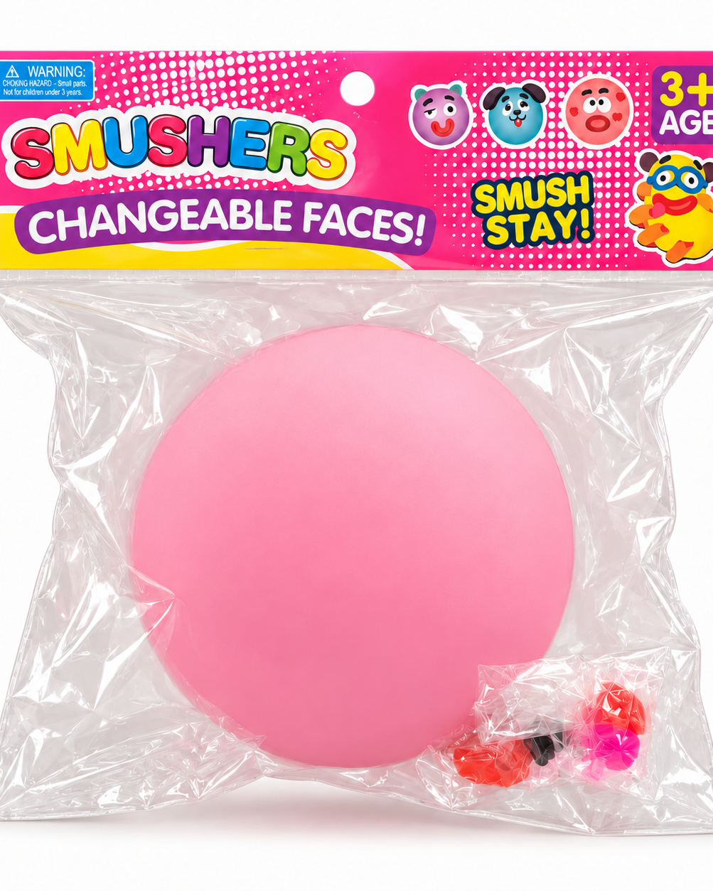 a round changeable face squishy balls with a soft matte-like surface, squeezable construction, assorted removable facial pieces, customizable expressions, vibrant color options, and individual packaging in pink