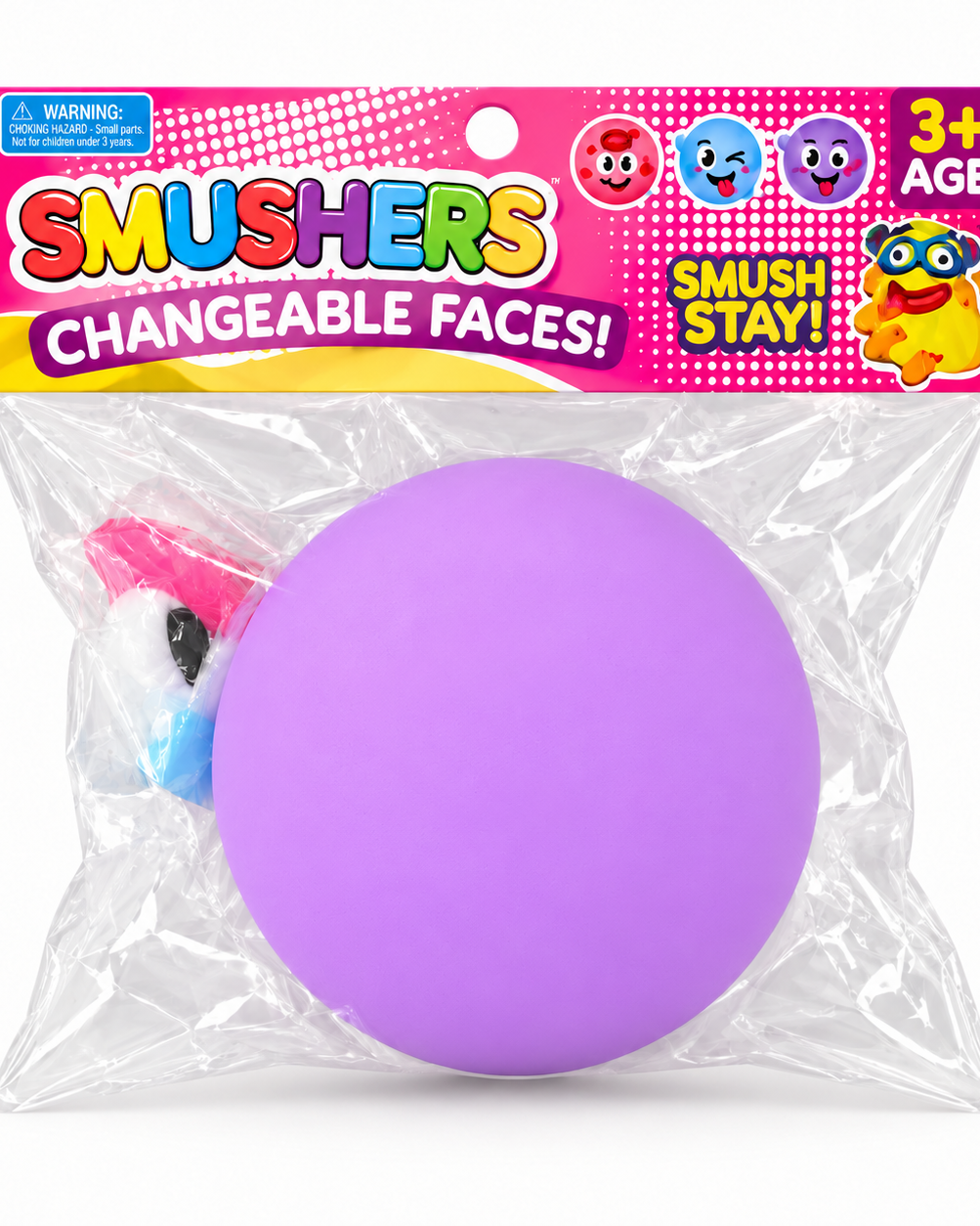 a round changeable face squishy balls with a soft matte-like surface, squeezable construction, assorted removable facial pieces, customizable expressions, vibrant color options, and individual packaging in purple