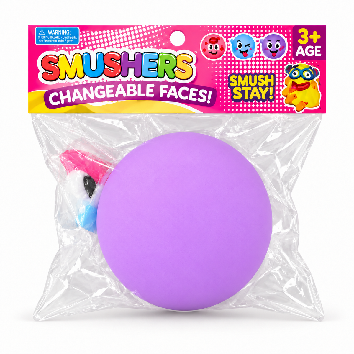 a round changeable face squishy balls with a soft matte-like surface, squeezable construction, assorted removable facial pieces, customizable expressions, vibrant color options, and individual packaging in purple