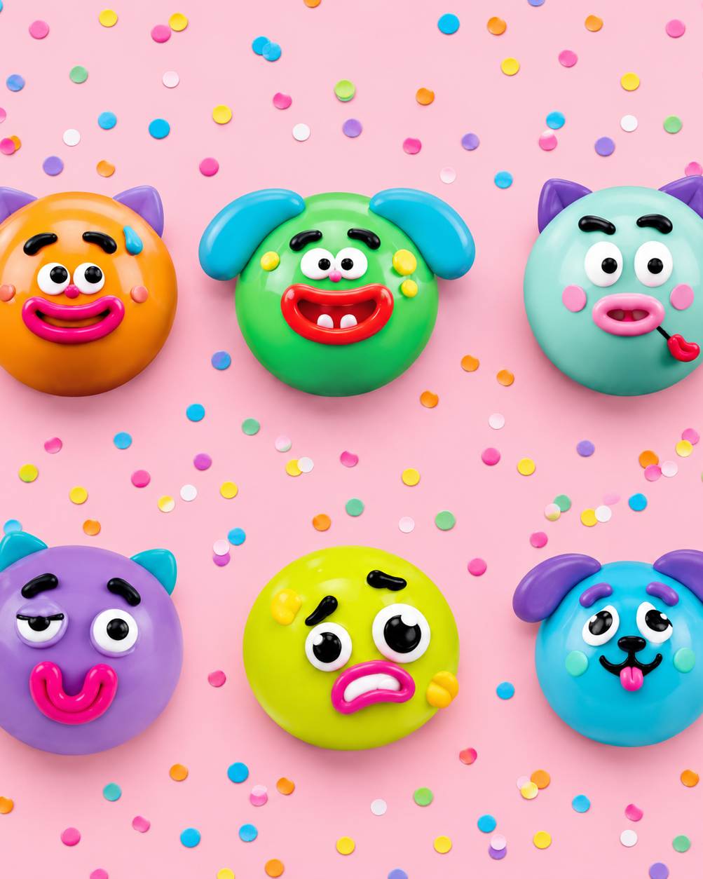 round changeable face squishy balls with a soft matte-like surface, squeezable construction, assorted removable facial pieces, customizable expressions, vibrant color options, and individual packaging in blue, green, mint, orange, purple, and yellow