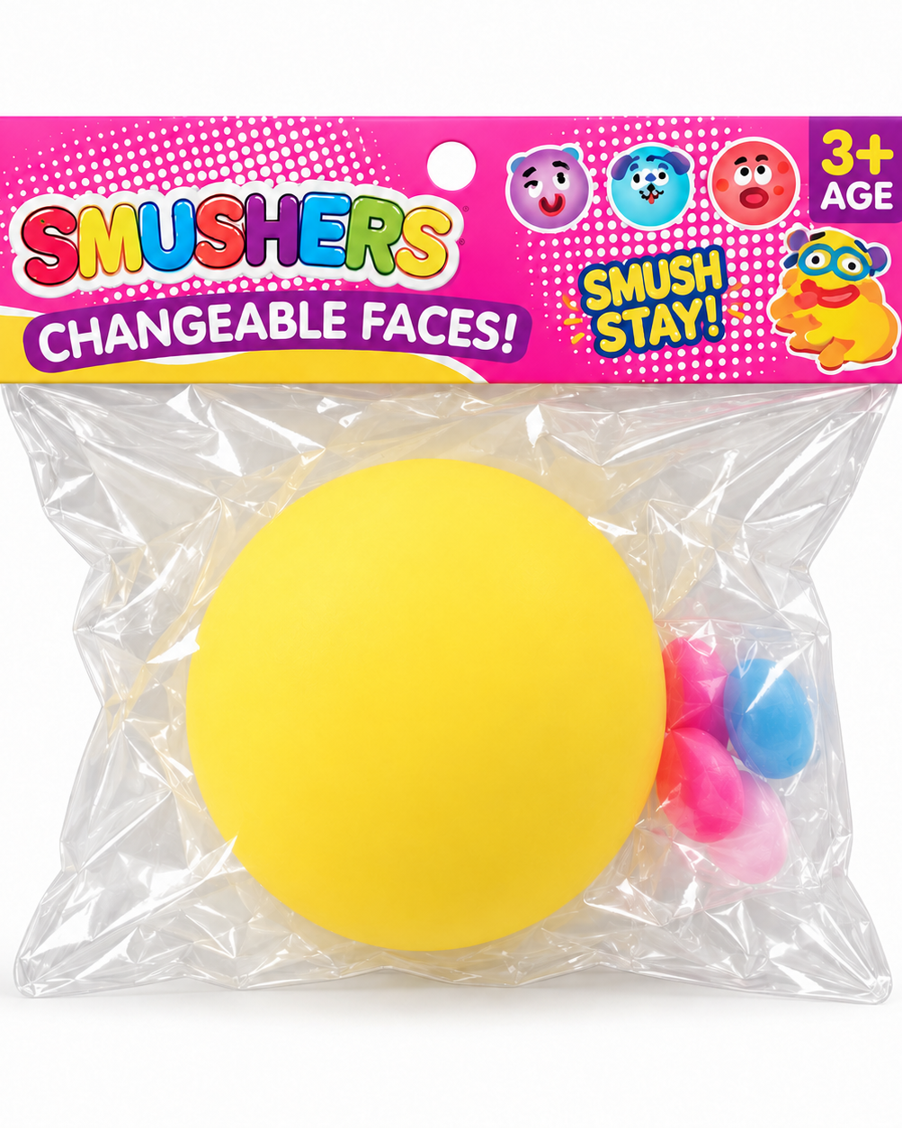 a round changeable face squishy balls with a soft matte-like surface, squeezable construction, assorted removable facial pieces, customizable expressions, vibrant color options, and individual packaging in yellow