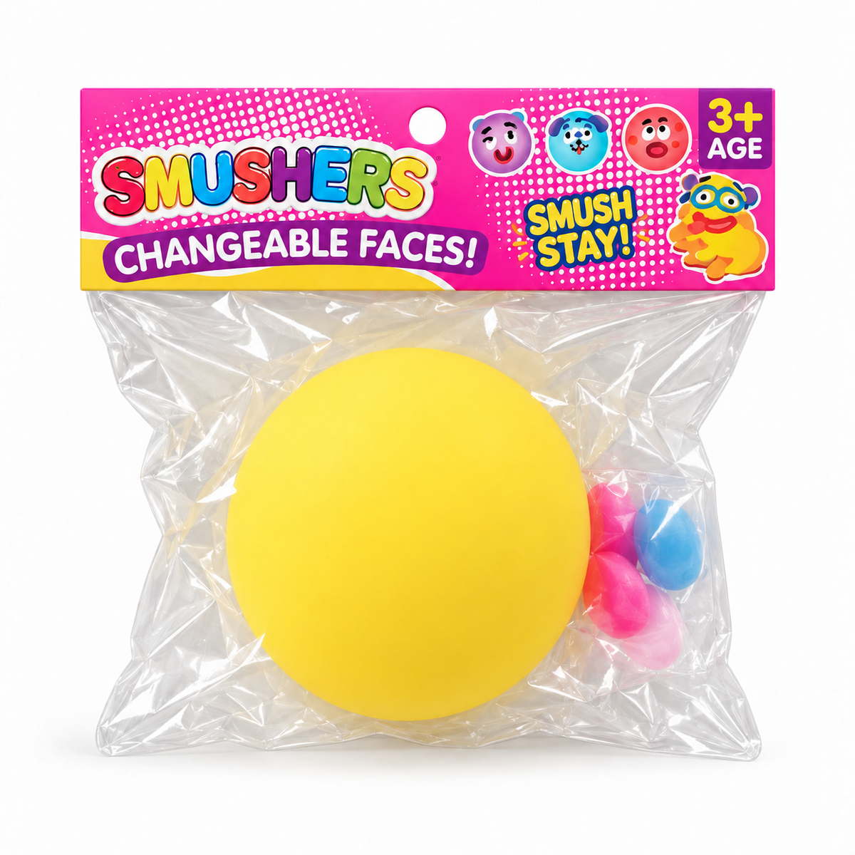a round changeable face squishy balls with a soft matte-like surface, squeezable construction, assorted removable facial pieces, customizable expressions, vibrant color options, and individual packaging in yellow