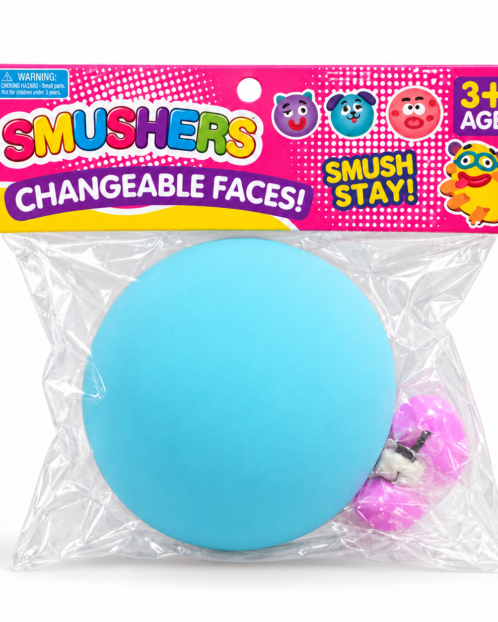 a round changeable face squishy balls with a soft matte-like surface, squeezable construction, assorted removable facial pieces, customizable expressions, vibrant color options, and individual packaging in blue
