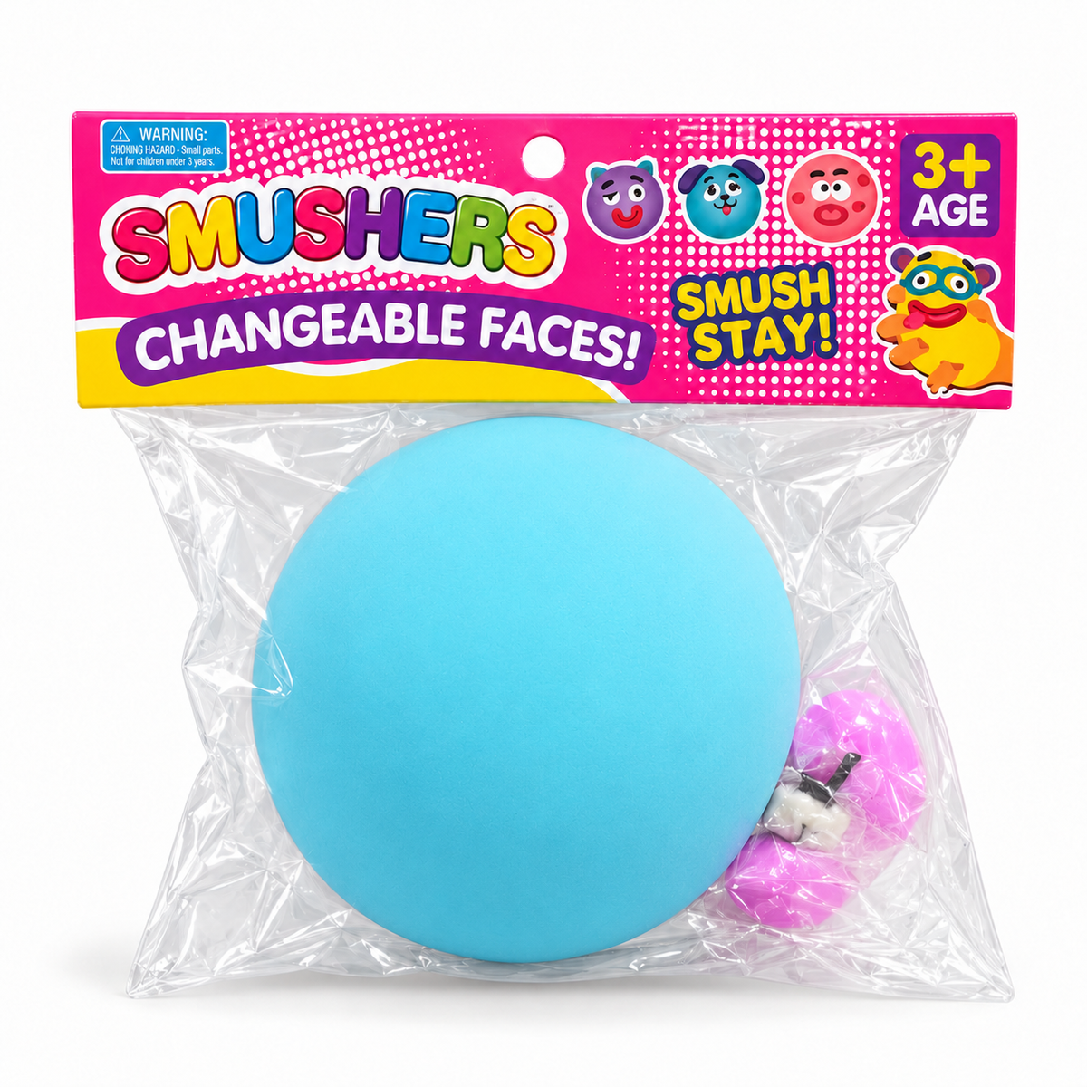 a round changeable face squishy balls with a soft matte-like surface, squeezable construction, assorted removable facial pieces, customizable expressions, vibrant color options, and individual packaging in blue