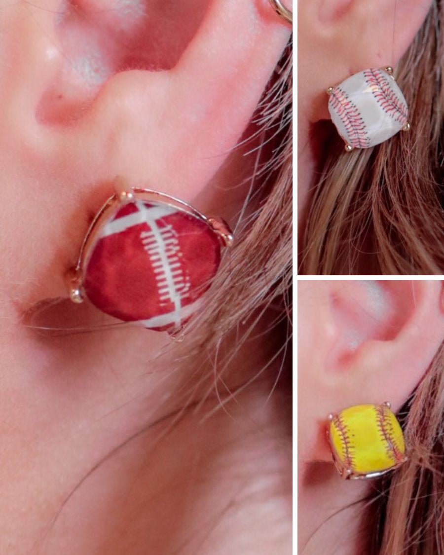 lightweight stud earrings with sporty prints with gold post-style earring backs and clear rubber stopper in white for baseball, brown for football, and yellow for softball