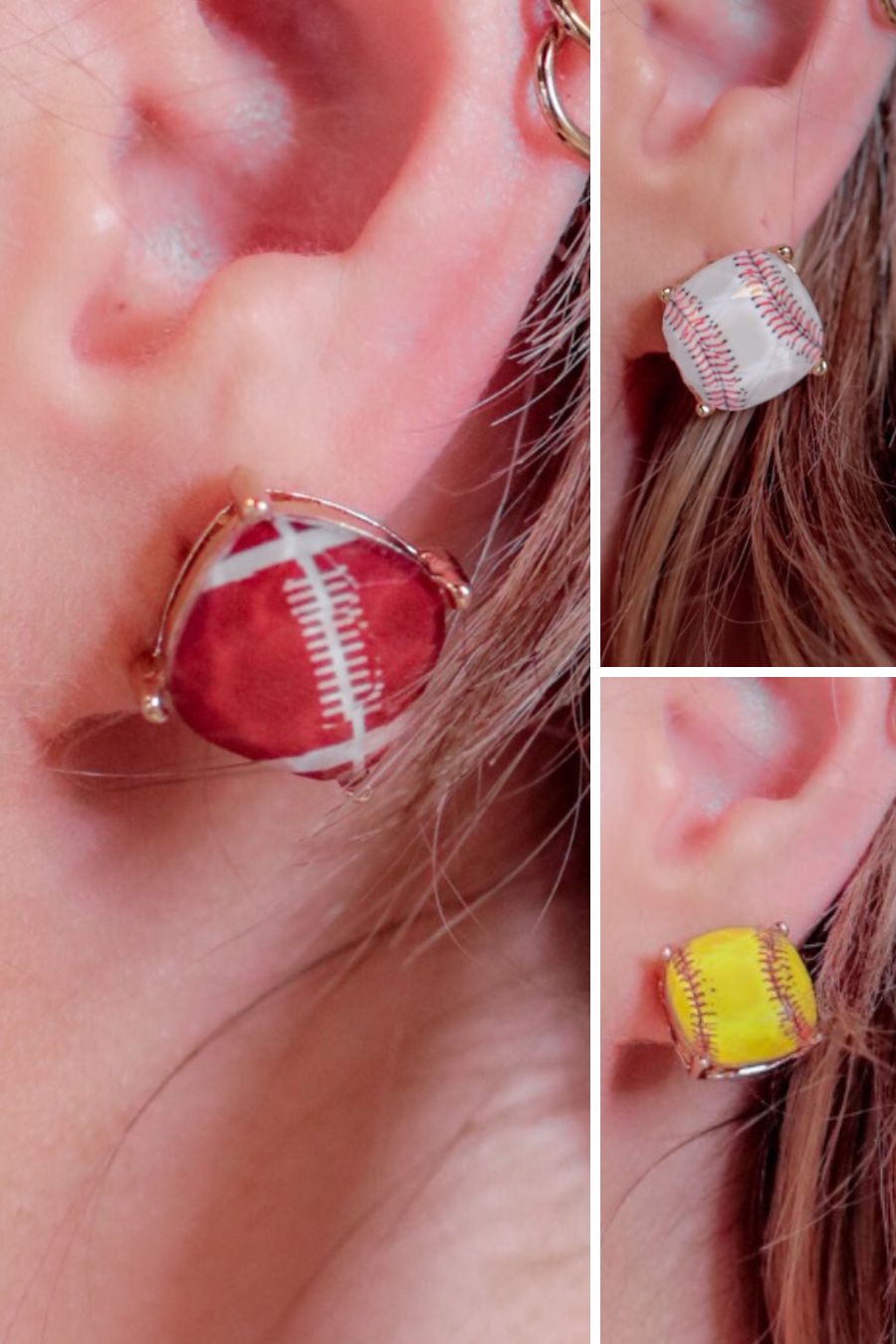 lightweight stud earrings with sporty prints with gold post-style earring backs and clear rubber stopper in white for baseball, brown for football, and yellow for softball