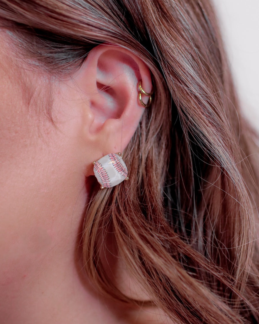 lightweight stud earrings with sporty prints with gold post-style earring backs and clear rubber stopper in white for baseball