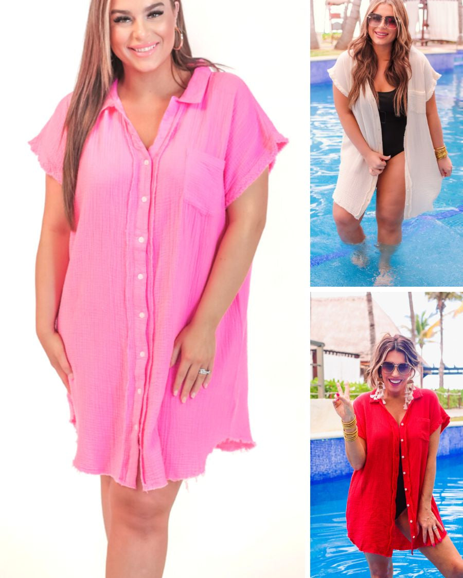 lightweight, non-stretchy gauze button-up coverup with a raw hem, chest pocket, and collar in ivory (top right), pink (left), and red (bottom right)