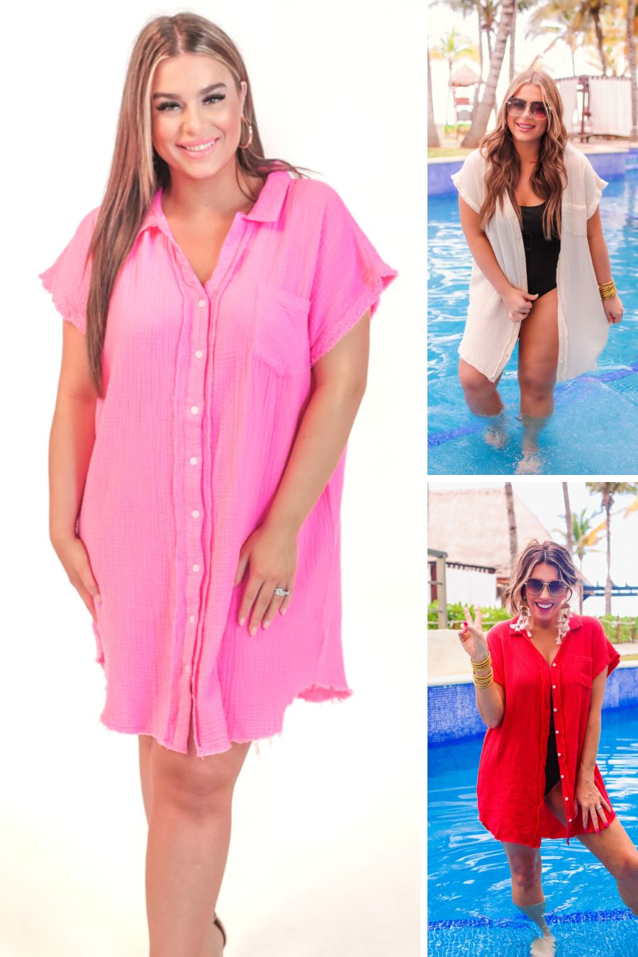 lightweight, non-stretchy gauze button-up coverup with a raw hem, chest pocket, and collar in ivory (top right), pink (left), and red (bottom right)