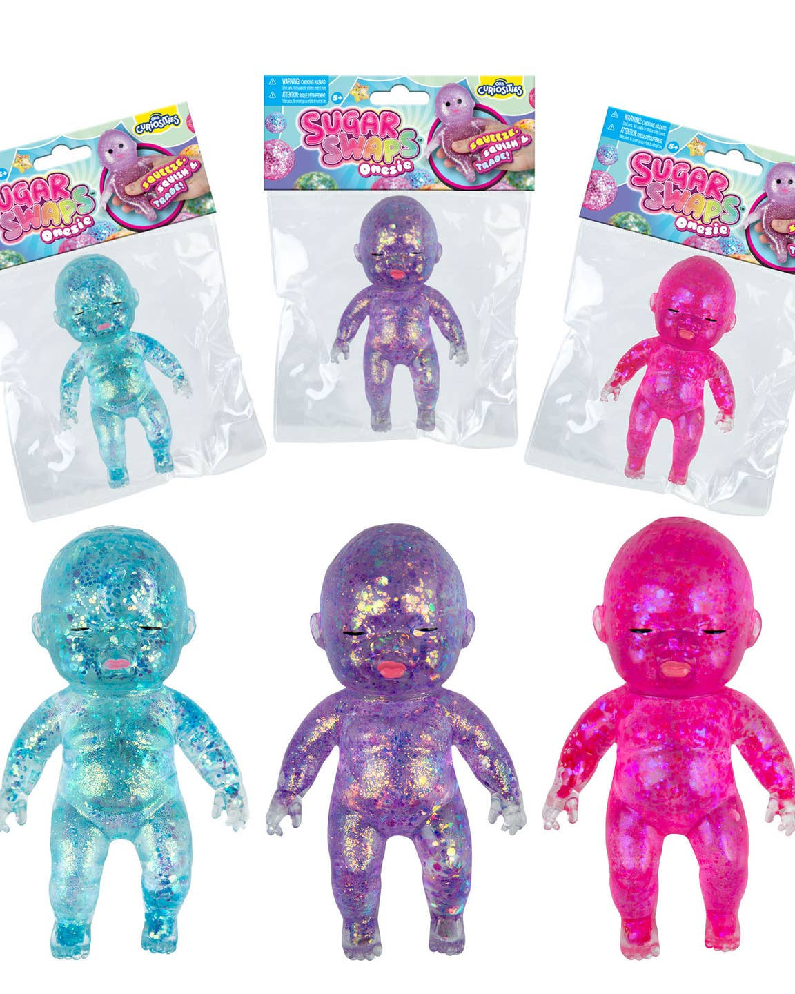 squishy babies with a super soft slow-rising feel, gel-filled, and a bright translucent color (pink, purple, and teal)