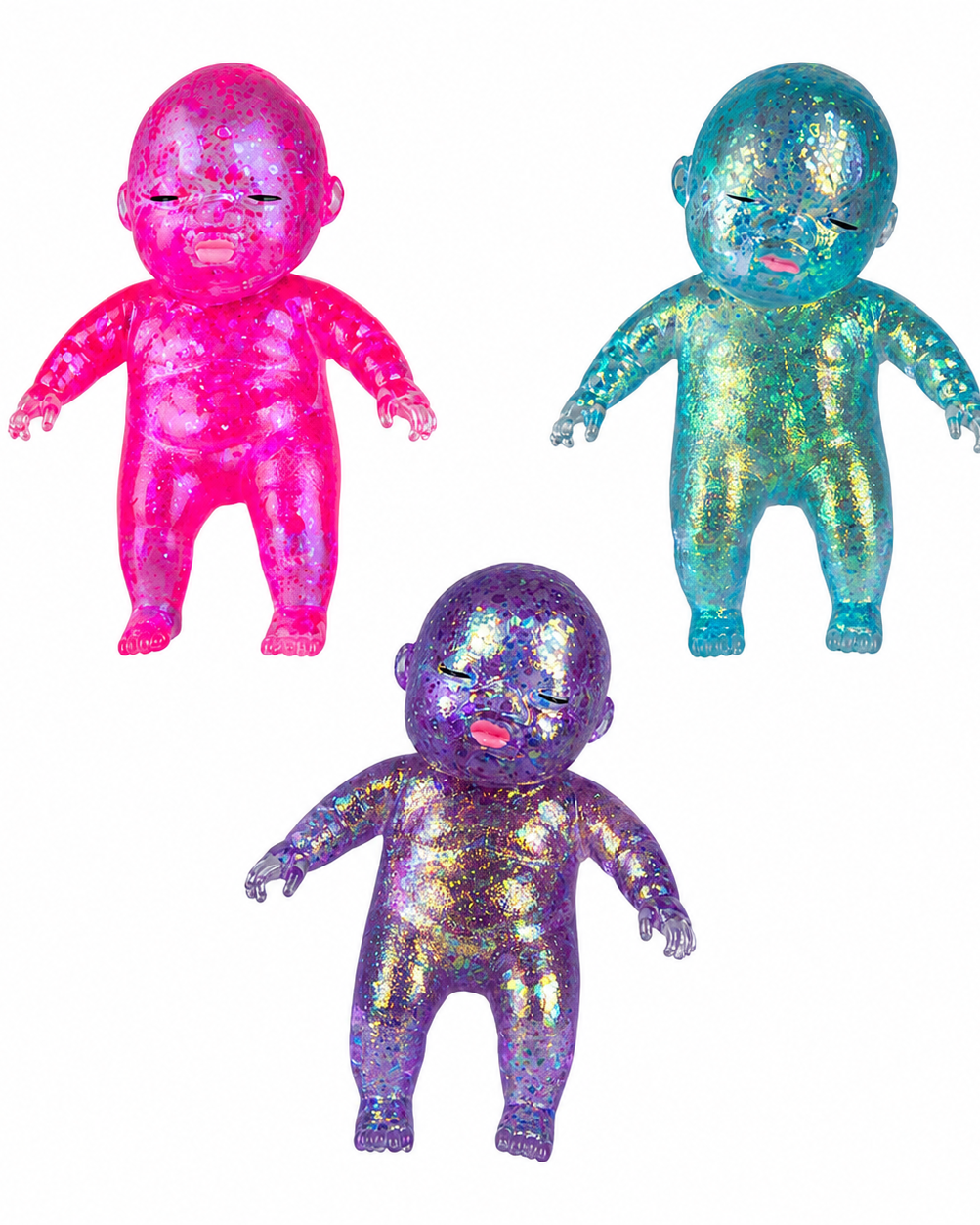 squishy babies with a super soft slow-rising feel, gel-filled, and a bright translucent color (pink, purple, and teal)