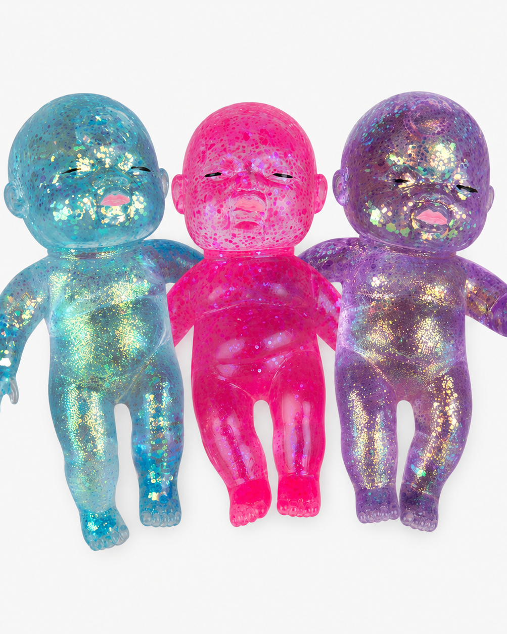 squishy babies with a super soft slow-rising feel, gel-filled, and a bright translucent color (pink, purple, and teal)
