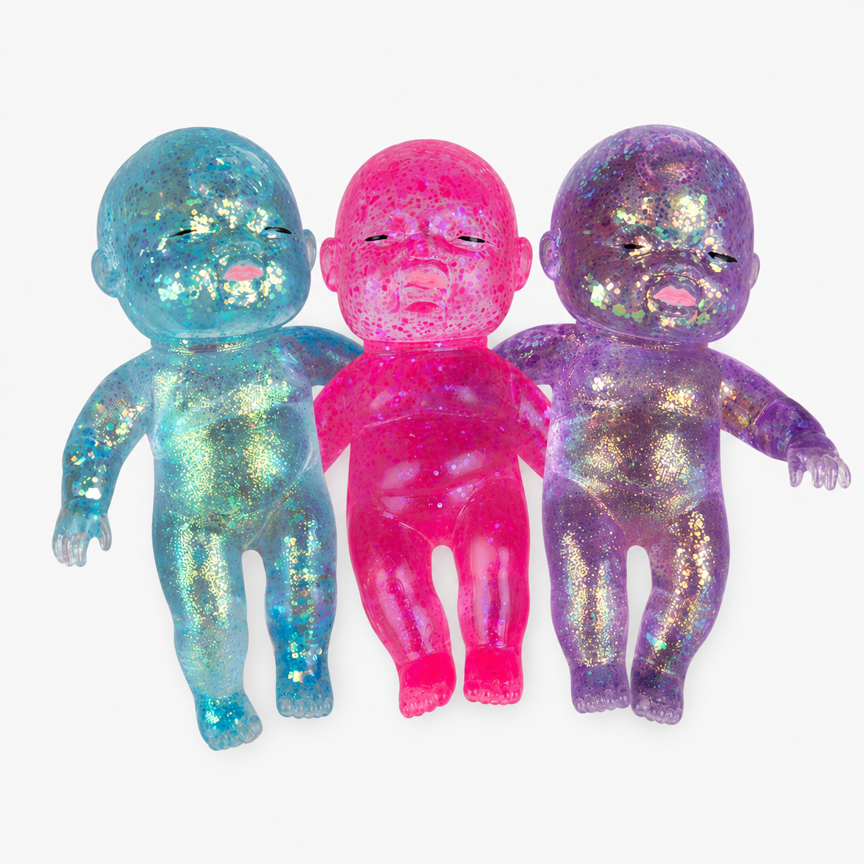 squishy babies with a super soft slow-rising feel, gel-filled, and a bright translucent color (pink, purple, and teal)