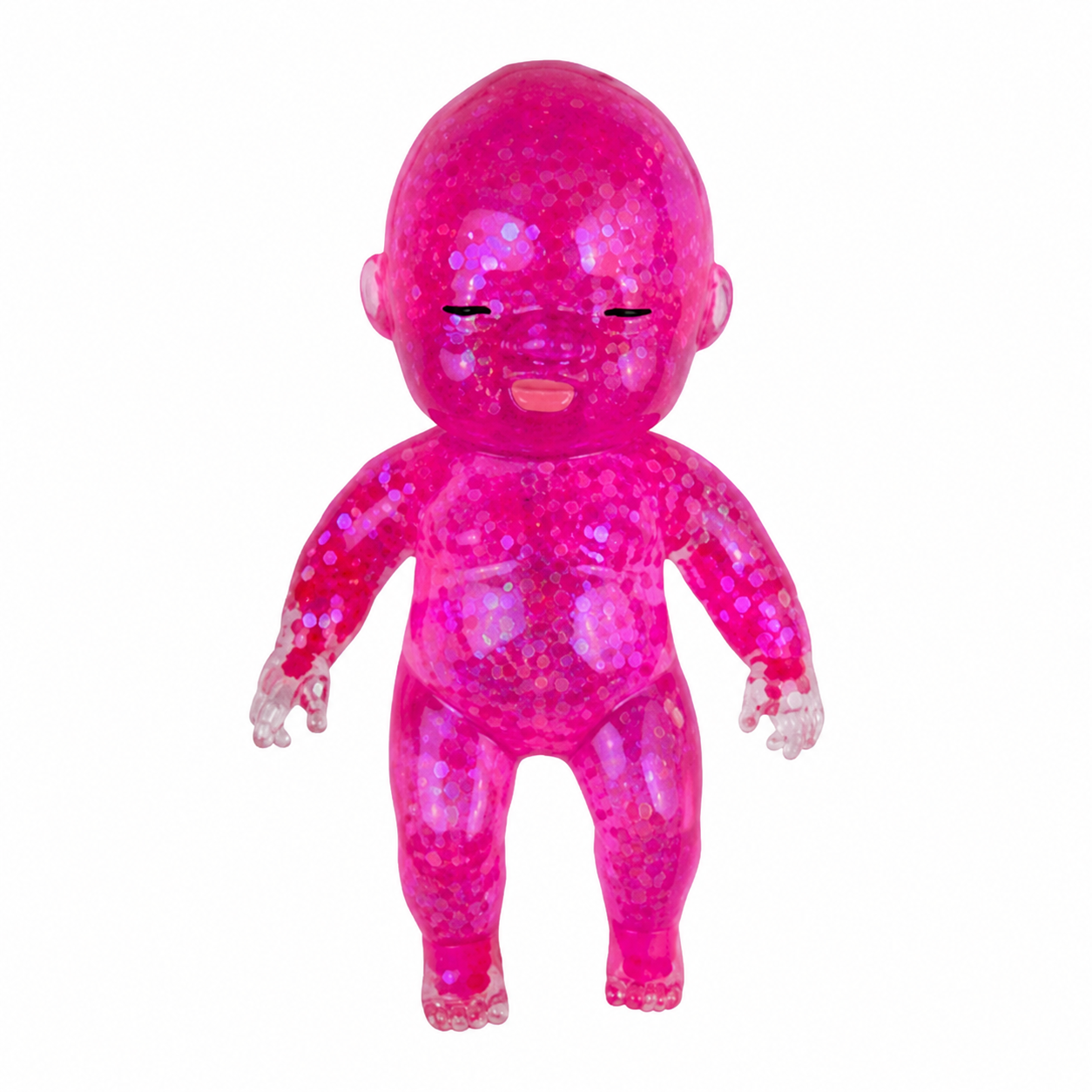 a pink squishy baby with a super soft slow-rising feel, gel-filled, and a bright translucent color