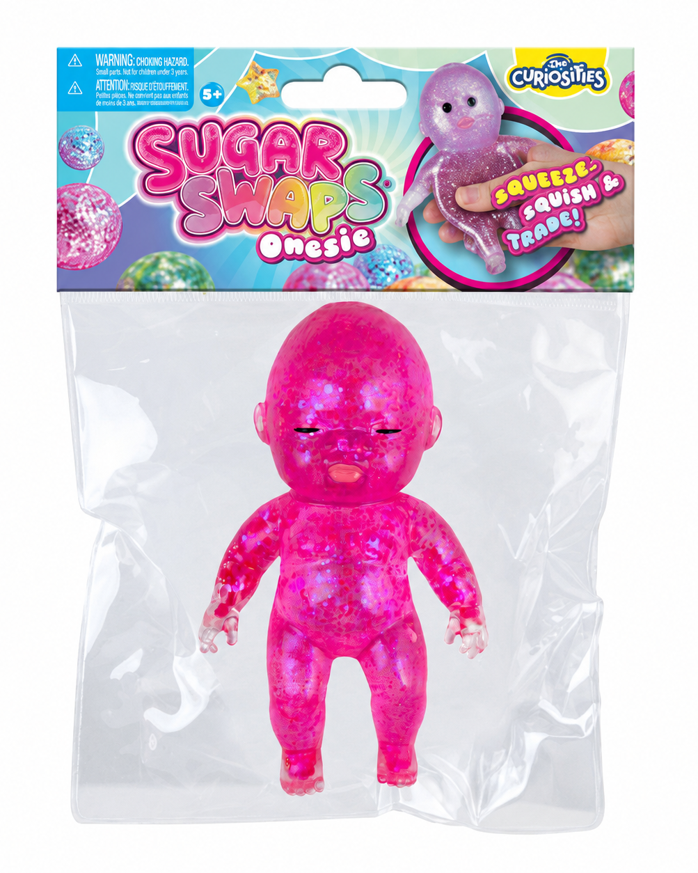 a pink squishy baby with a super soft slow-rising feel, gel-filled, and a bright translucent color inside a clear hanging bag with a colorful header card
