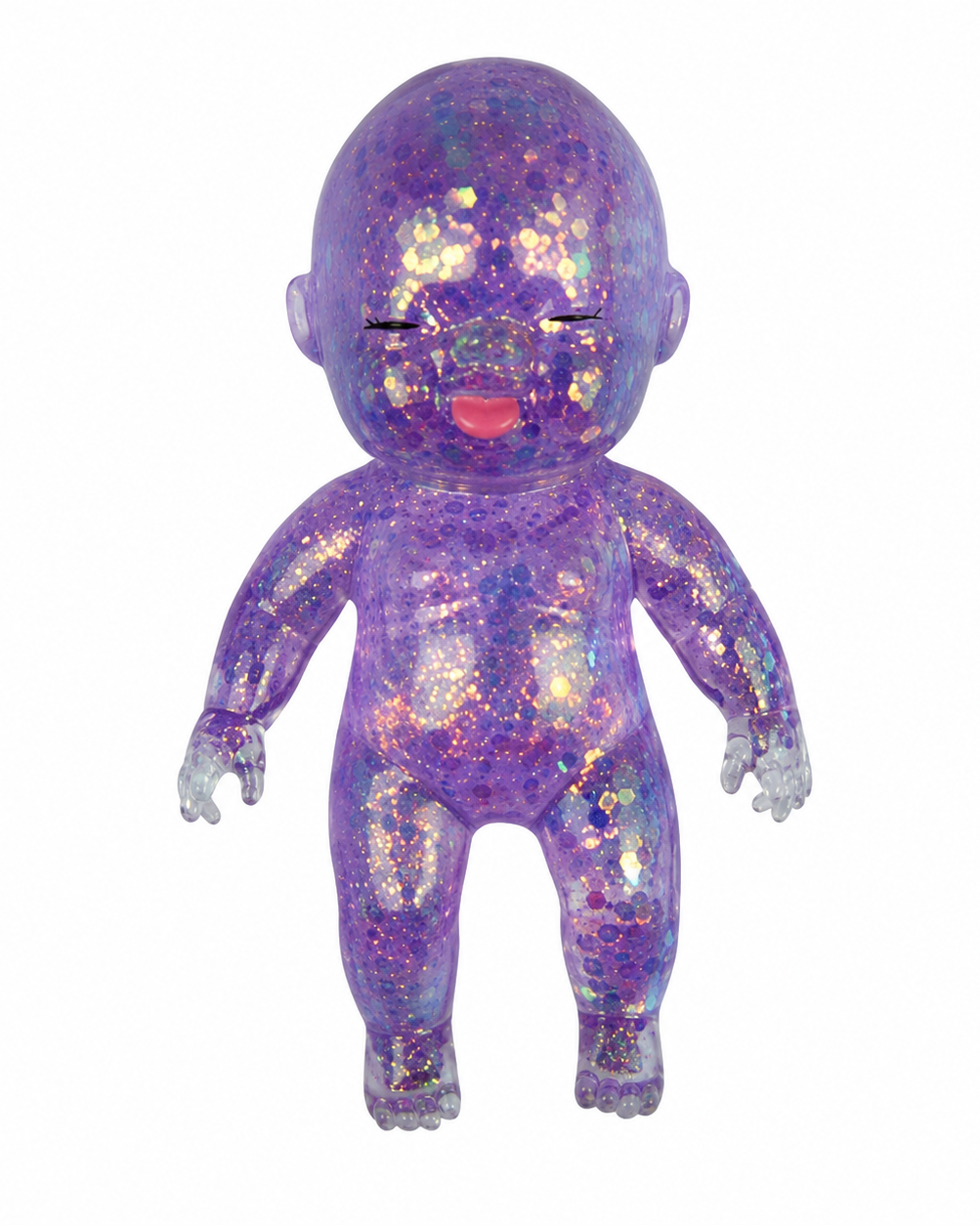 a purple squishy baby with a super soft slow-rising feel, gel-filled, and a bright translucent color