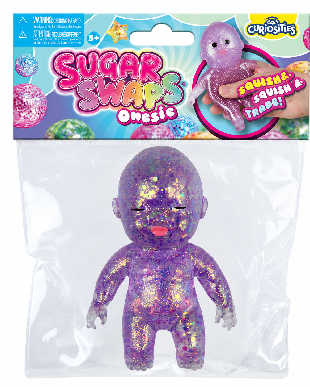 a purple squishy baby with a super soft slow-rising feel, gel-filled, and a bright translucent color inside a clear hanging bag with a colorful header card