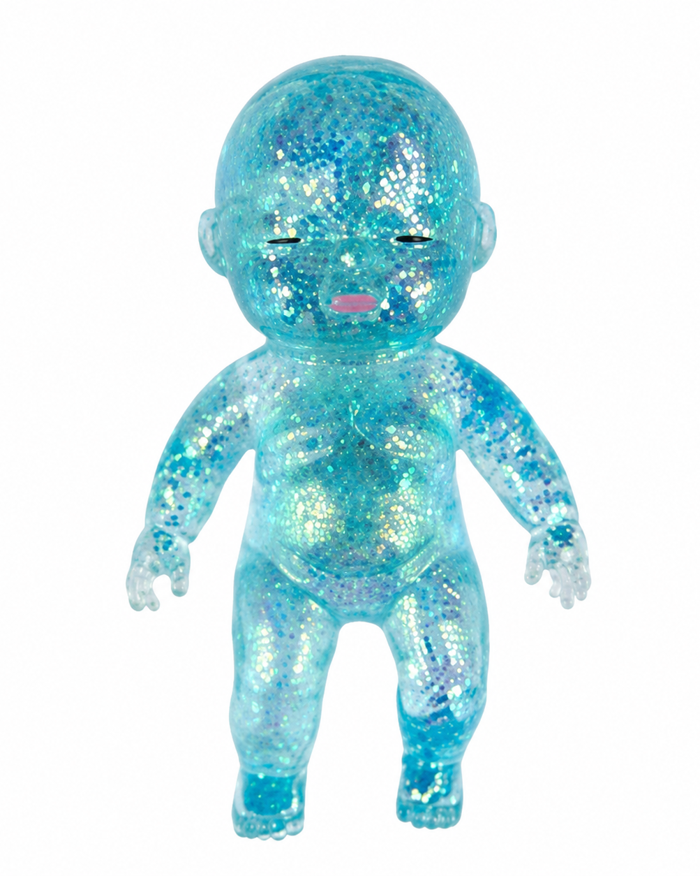 a teal squishy baby with a super soft slow-rising feel, gel-filled, and a bright translucent color