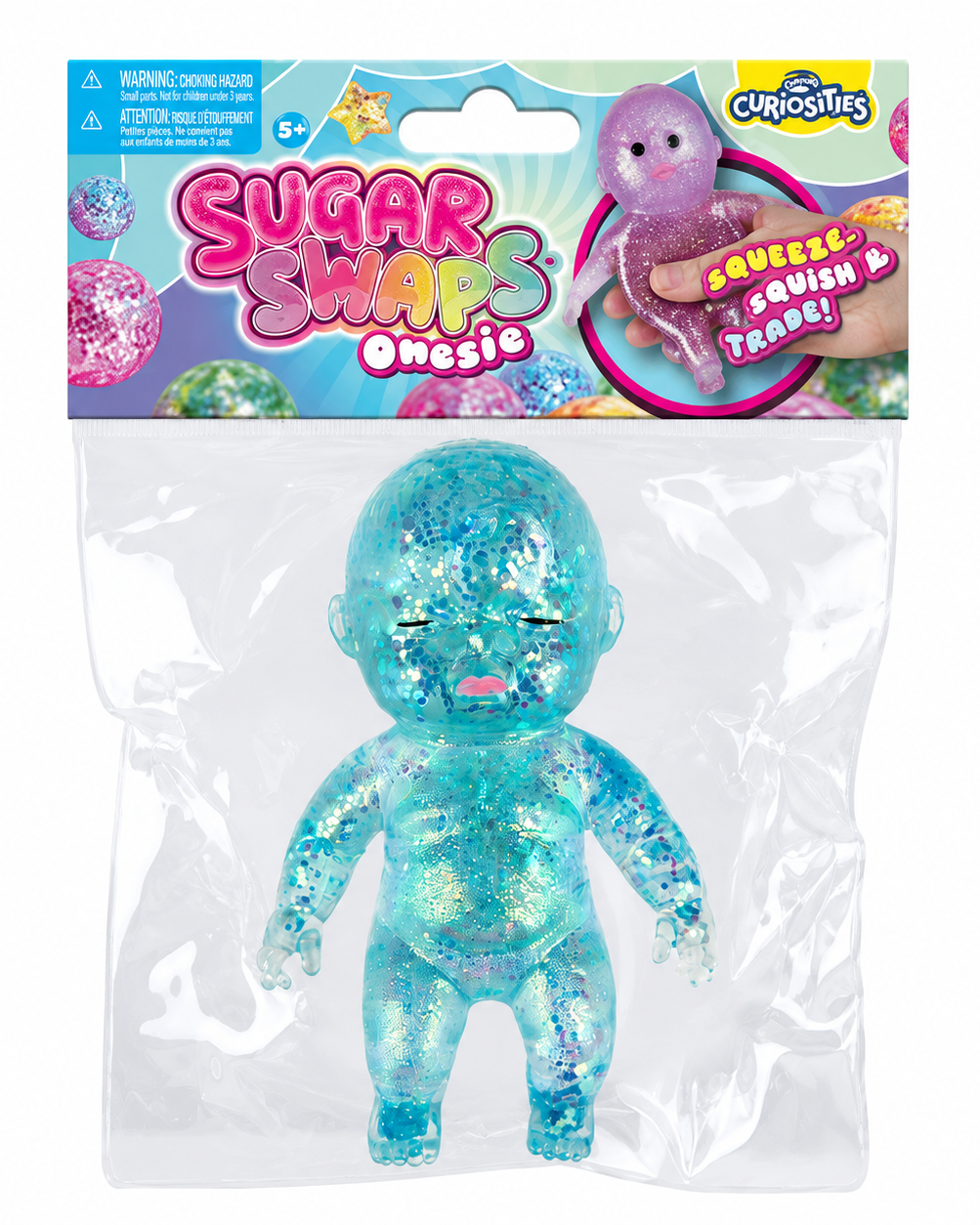a teal squishy baby with a super soft slow-rising feel, gel-filled, and a bright translucent color inside a clear hanging bag with a colorful header card