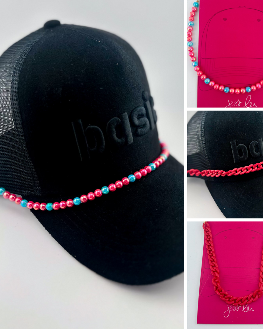 trendy hat chains in pearlescent shimmer pearls (pink and turquoise) and link chain (pink)