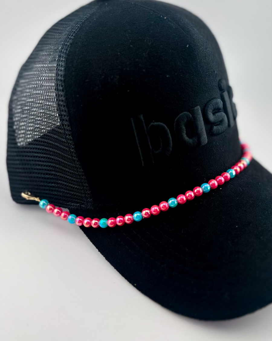 trendy hat chain in pearlescent shimmer pearls (pink and turquoise)