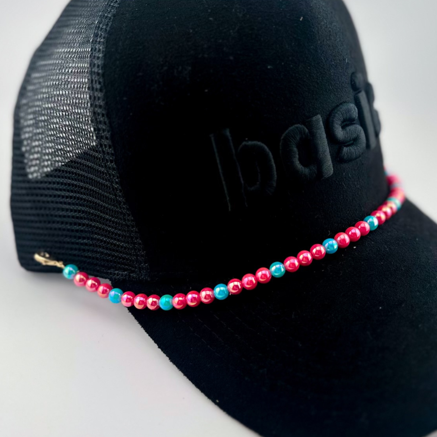 trendy hat chain in pearlescent shimmer pearls (pink and turquoise)