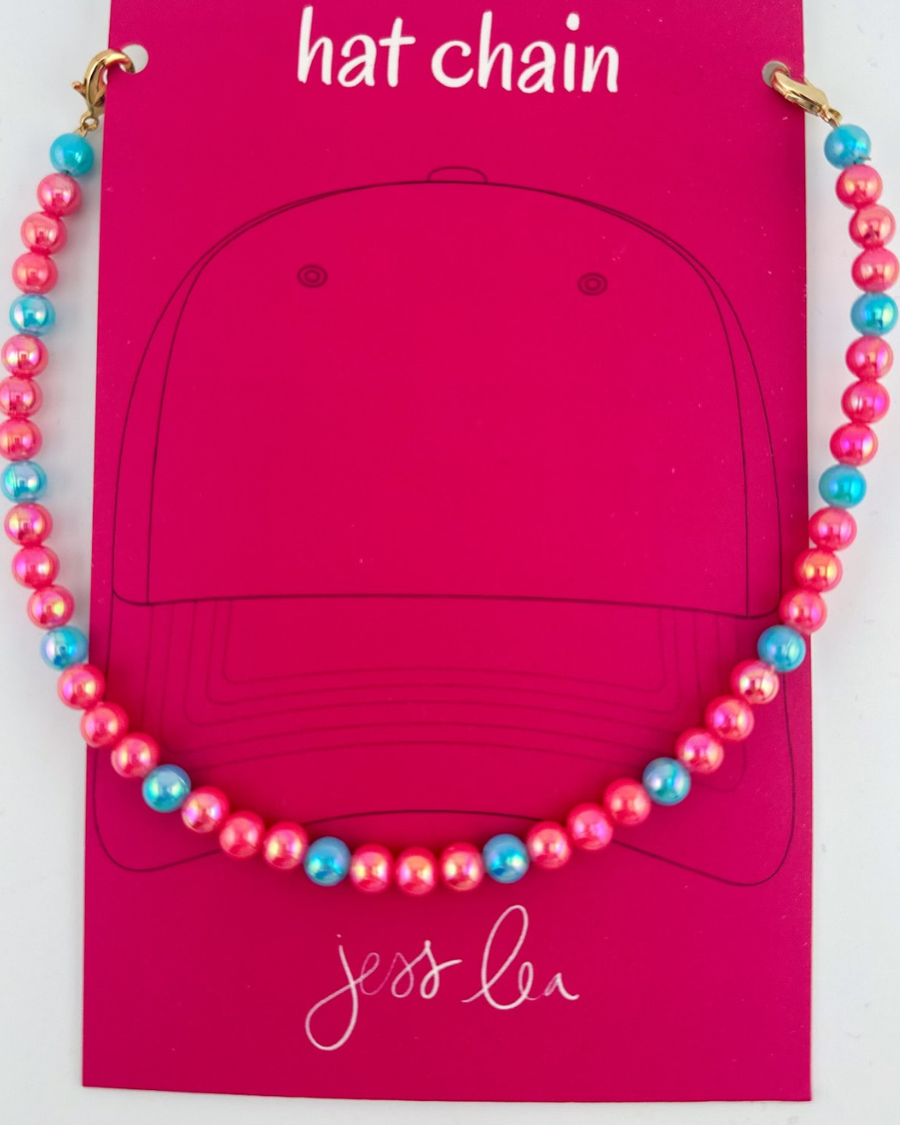 trendy hat chain in pearlescent shimmer pearls (pink and turquoise)