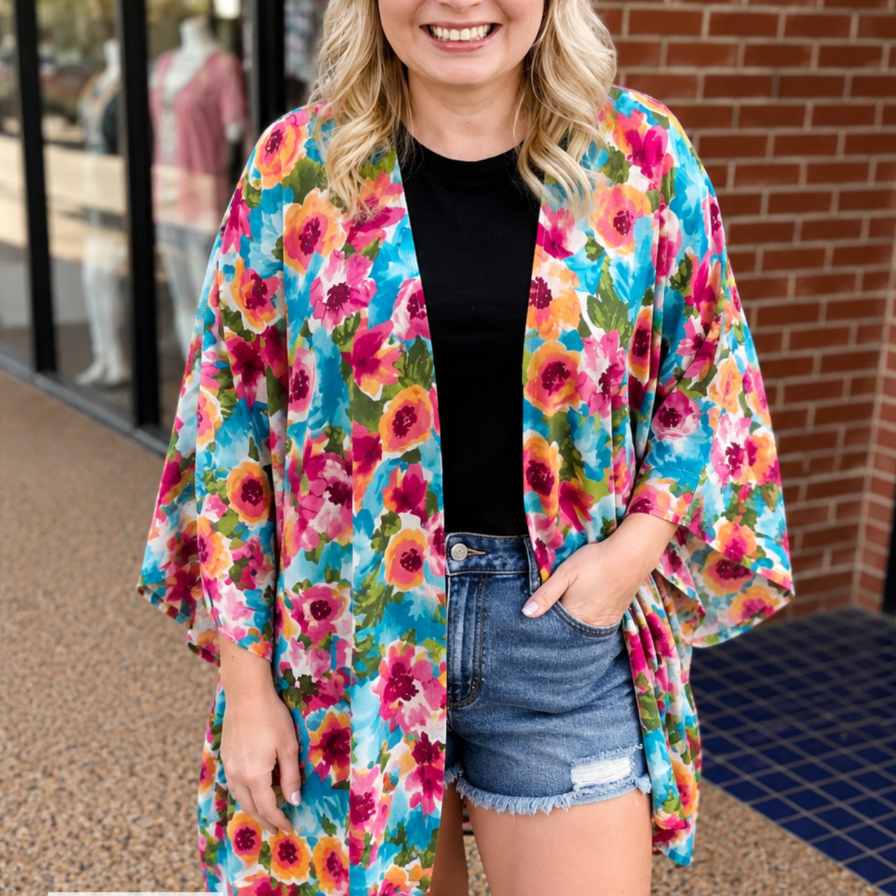 an exclusive, vibrant multicolor floral open-front kimono crafted from limited boutique fabric with lightweight woven material and a fluid, elongated drape, finished with a MADE IN USA watermark in the bottom left-hand corner