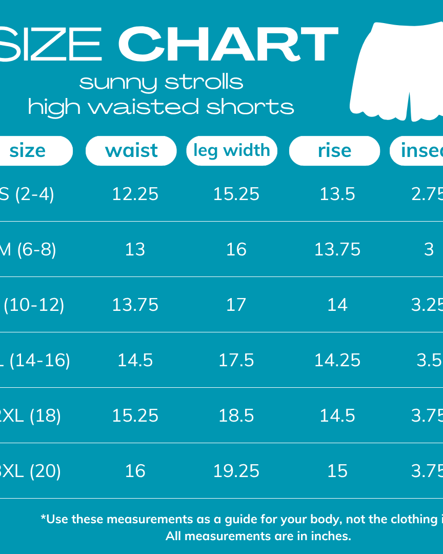 size chart for Sunny Strolls High Waisted Shorts