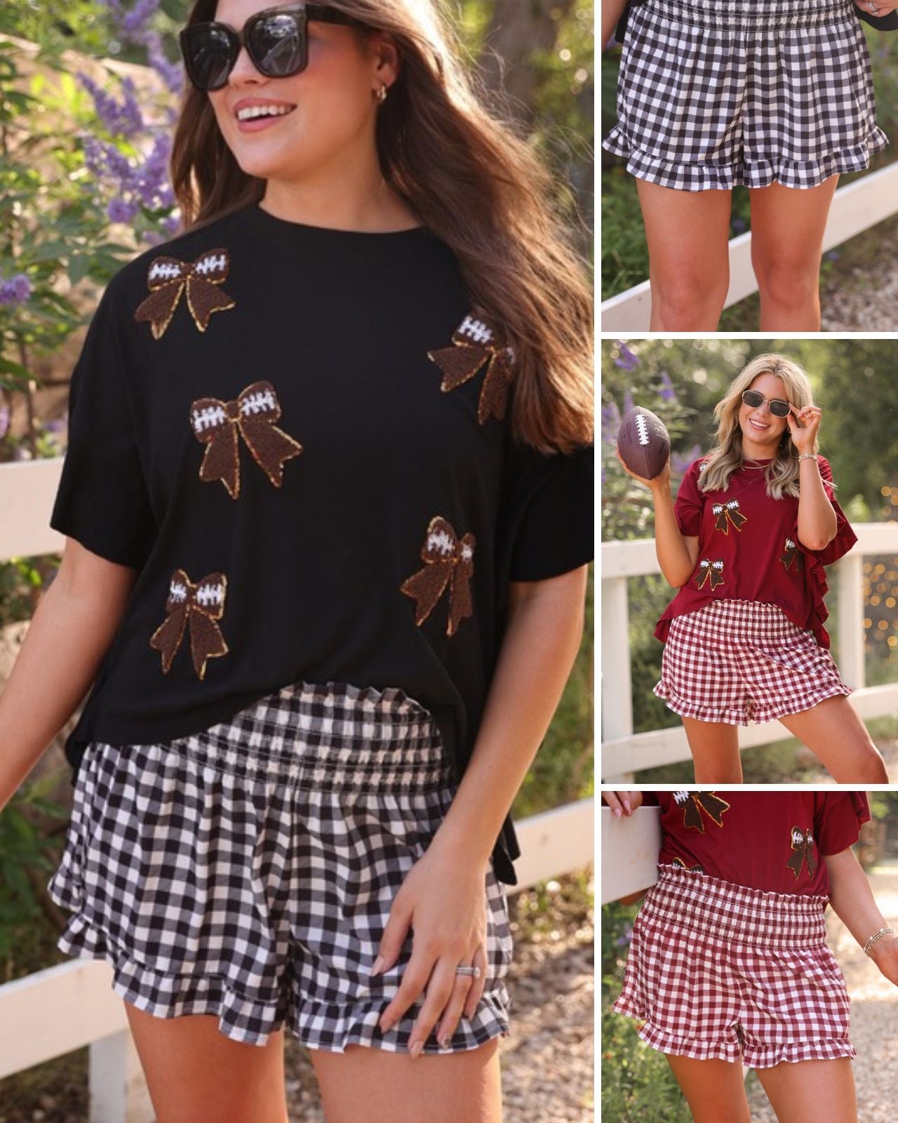 high-waisted gingham shorts with smocked waistband and ruffle hem in black and maroon