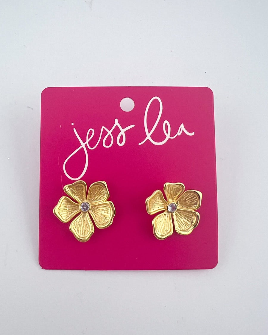 gold intricately detailed flower stud-post earrings with a center stone and comfort earring back in gold