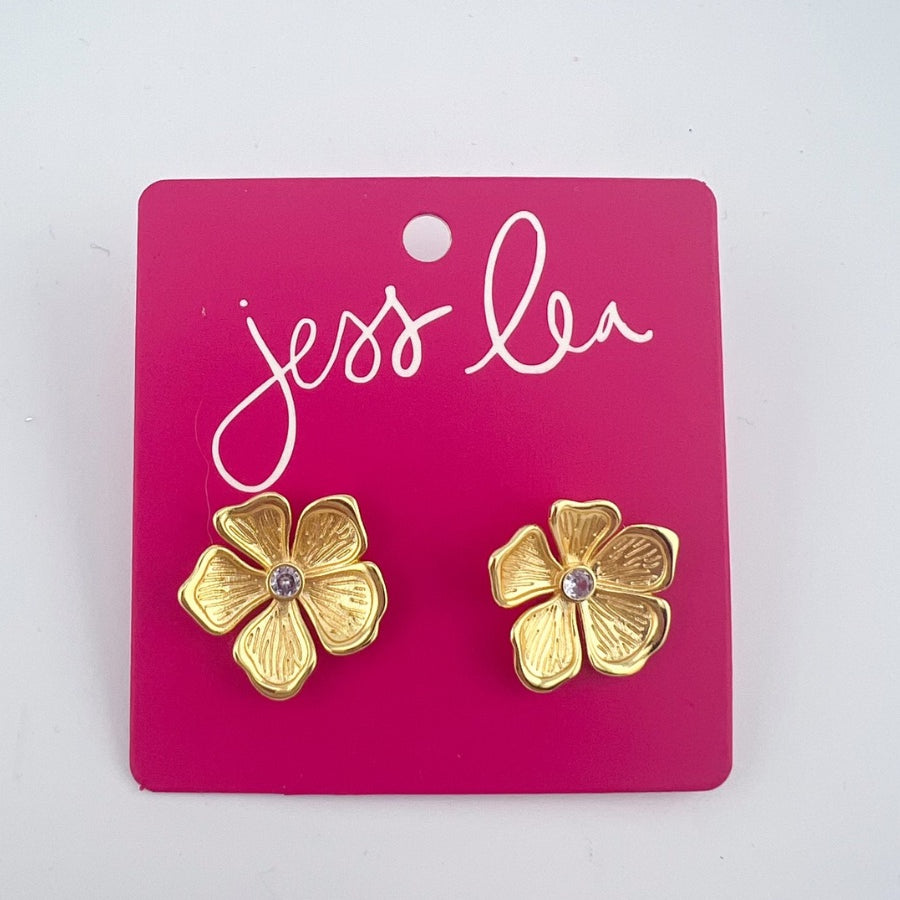 gold intricately detailed flower stud-post earrings with a center stone and comfort earring back in gold