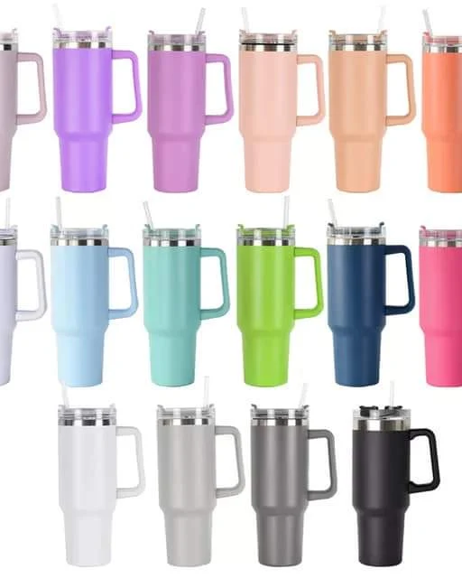 A grid of insulated travel tumblers with handles and straws, shown in multiple colors including pink, purple, peach, orange, white, light blue, mint, lime green, navy, and black, on a plain white background.