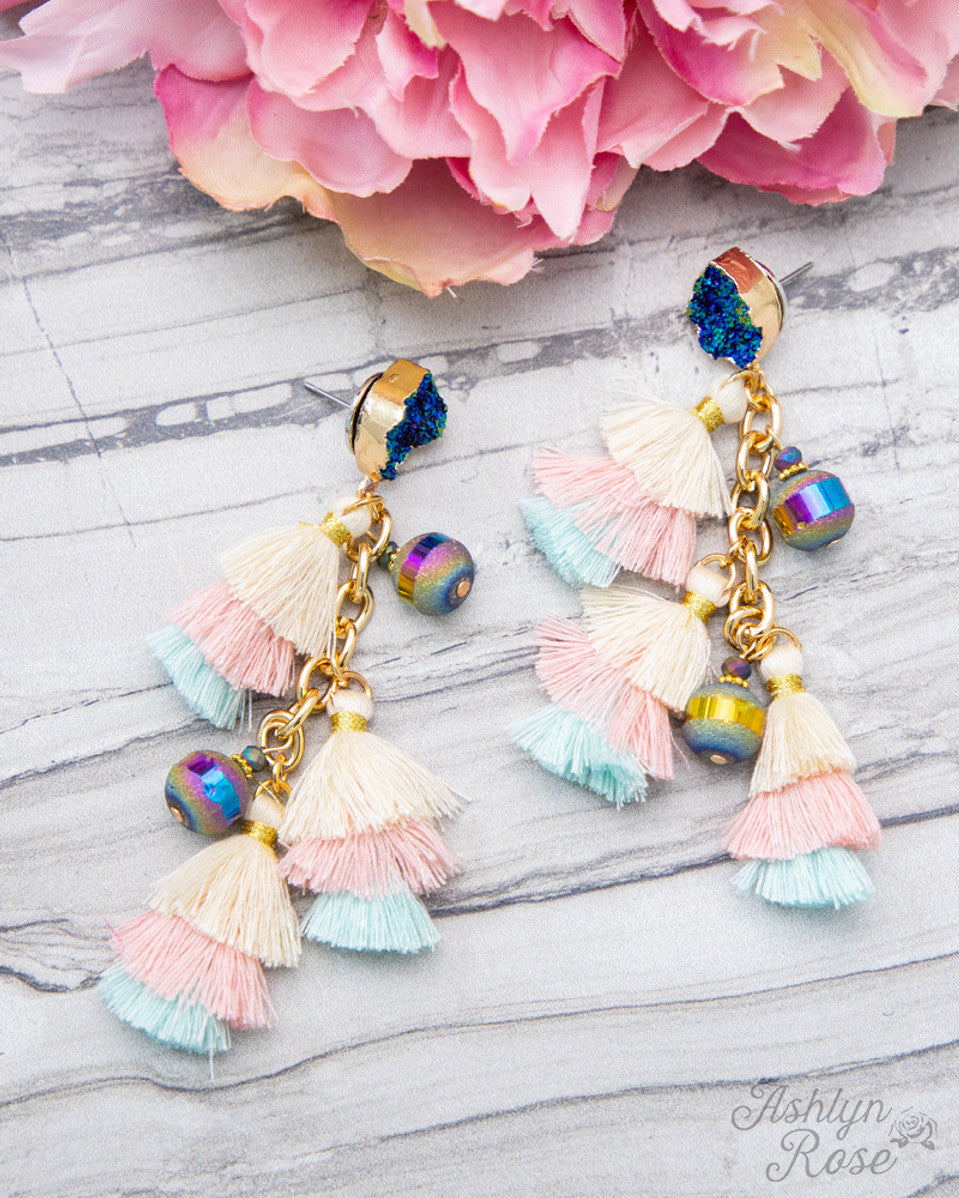 ocean-inspired tassel earrings with layered pastel fringe, iridescent beads, and deep blue-druzy style studs on gold chain drops with comfort replacement backs and gold-tone plastic disk stopper