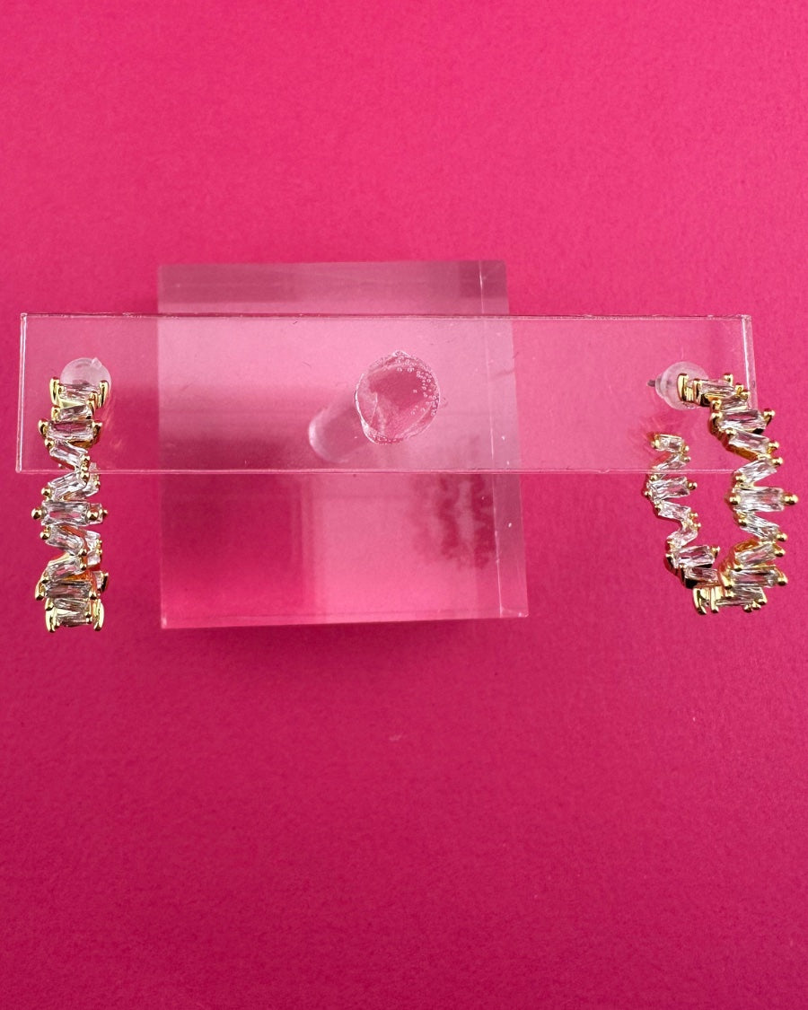 gold-plated rhinestone hoop stud earring with a comfort back earring and plastic disc stopper in gold