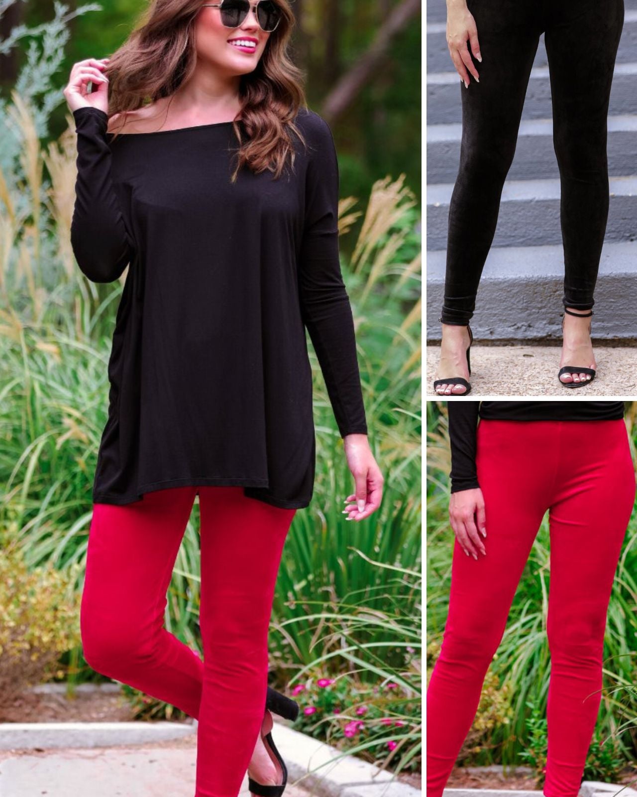 ultra soft stretch leggings crafted from luxurious velvet fabric with an elastic waistband and flattering rise in black and red