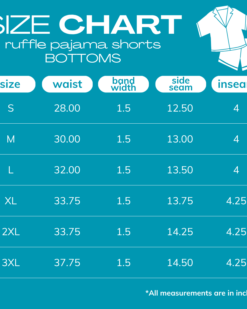 A size chart graphic for ruffle pajama shorts bottoms, showing sizes S through 3XL with waist, band width, side seam, and inseam measurements in inches on a teal background.