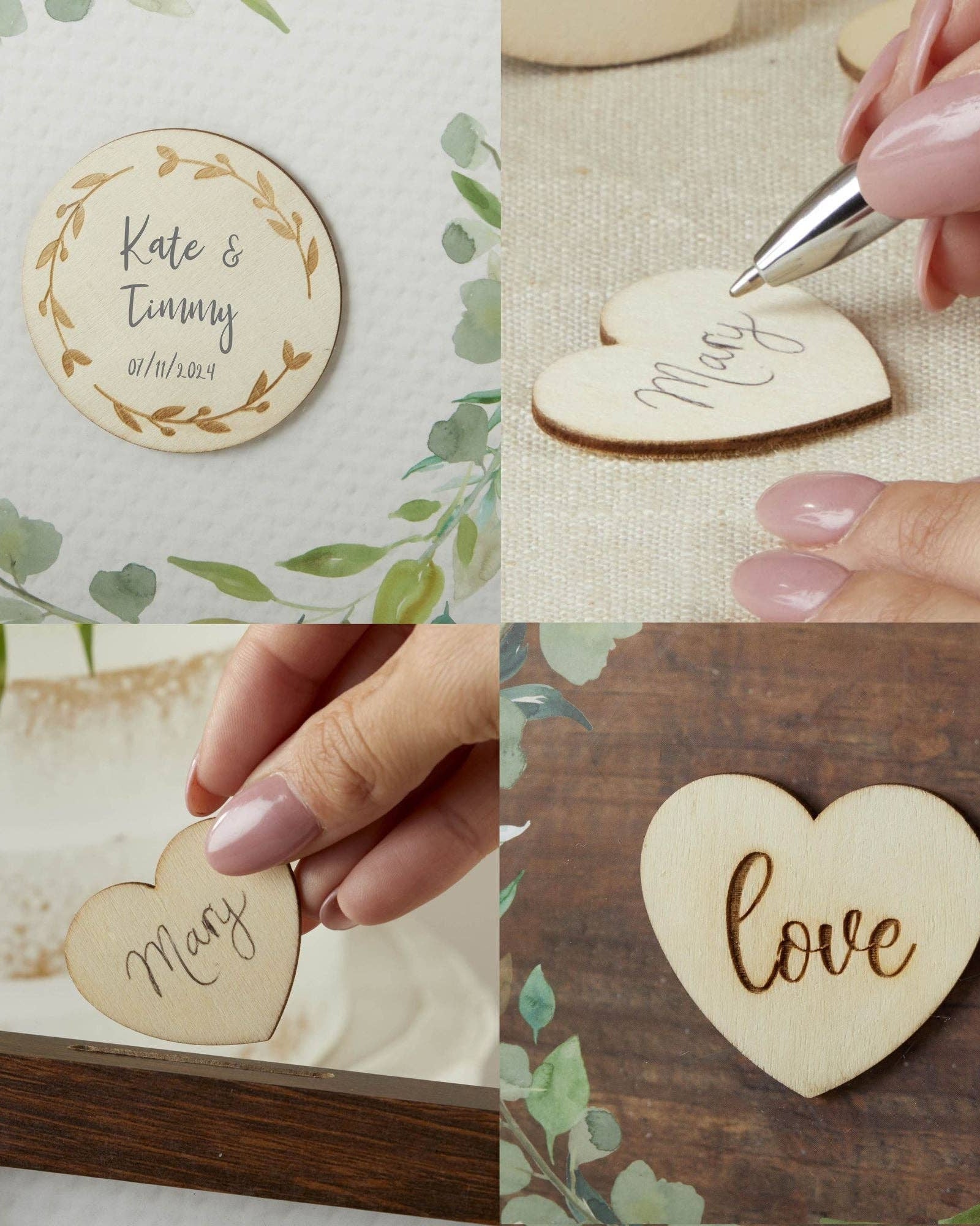Collage of wooden heart-shaped name tags with personalized names and 'love' text, set against a floral and wooden background.