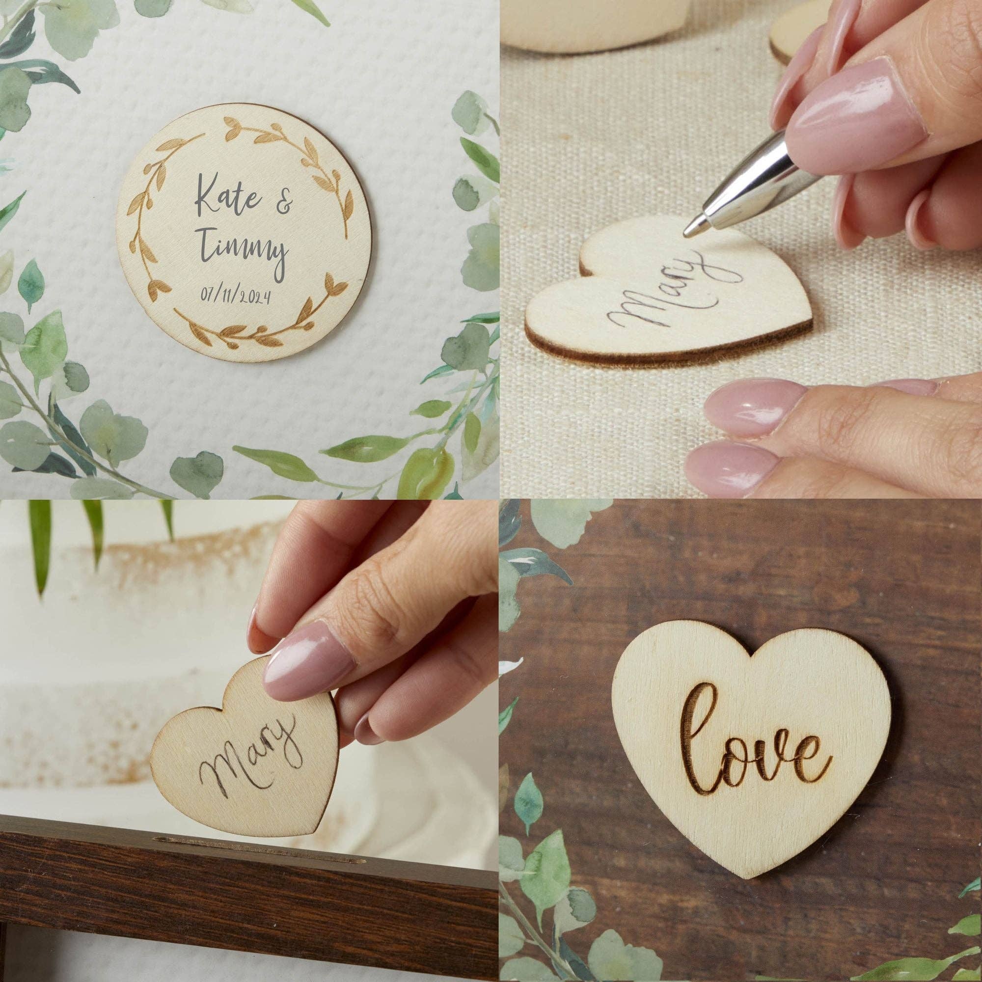 Collage of wooden heart-shaped name tags with personalized names and 'love' text, set against a floral and wooden background.