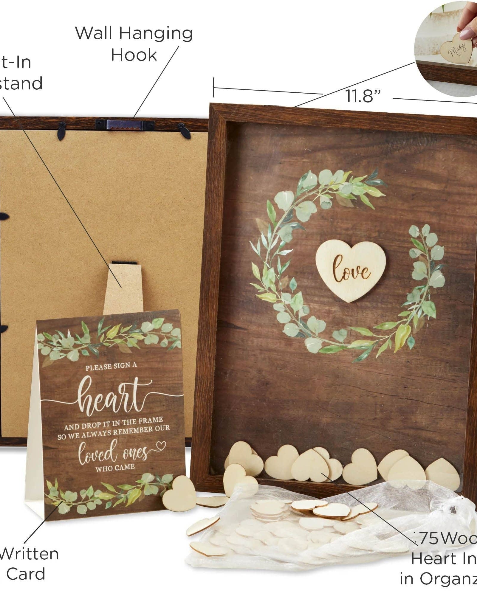 Wooden frame with heart design, pre-written tent card, and wooden hearts with measurements and details.