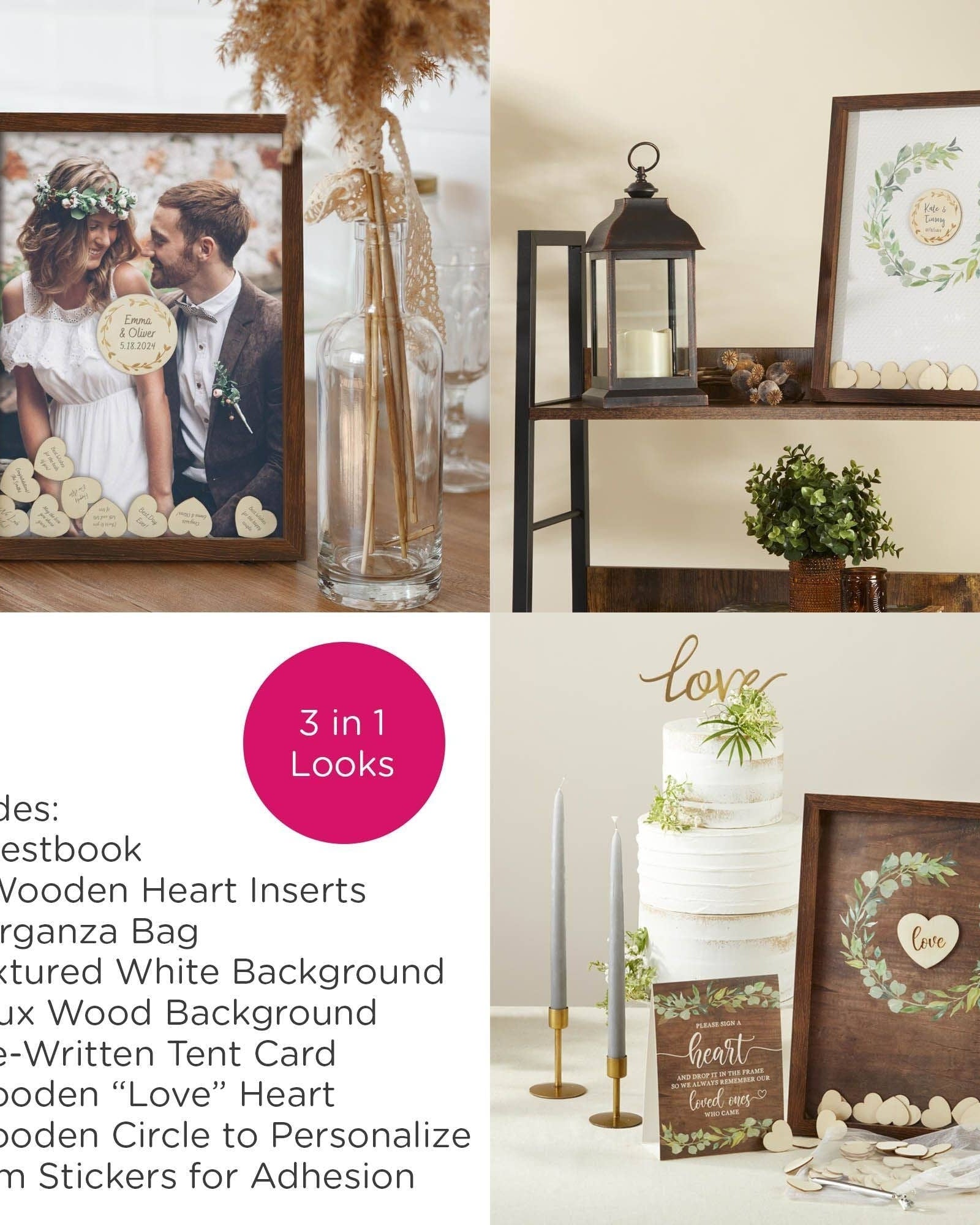 Collage of wedding decor items including frames, lanterns, and guestbook with product details.