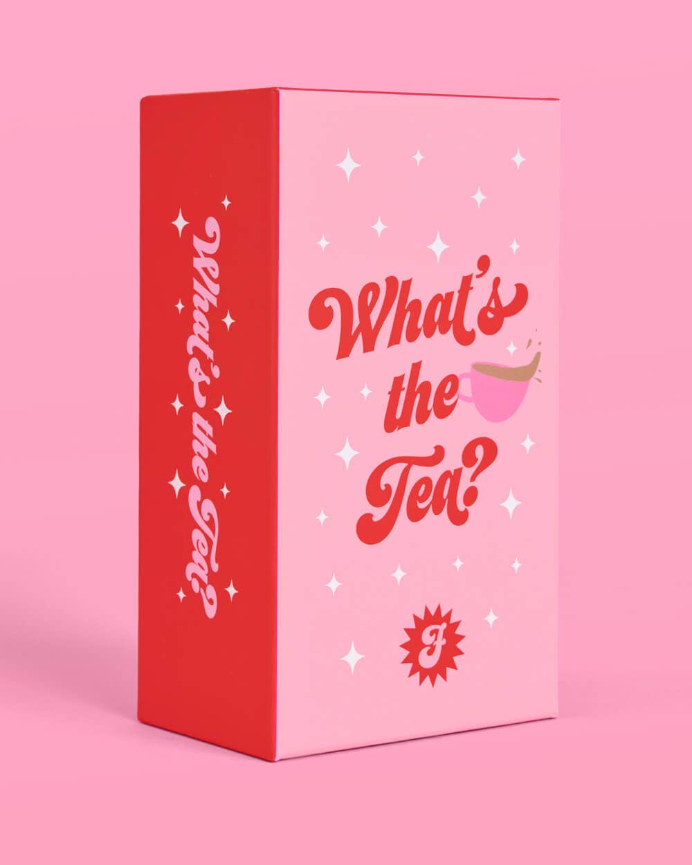 Pink and red box with 'What's the Tea?' text on a pink background