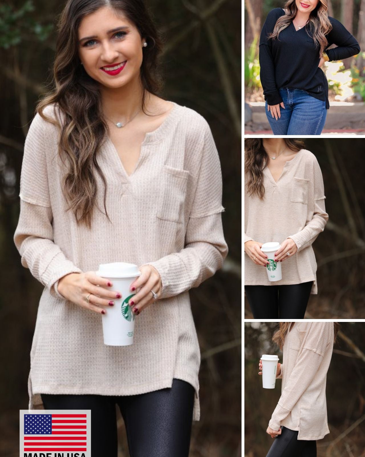 made in the USA long-sleeve top crafted from soft material with waffle knit texturing, a drop shoulder, a v-neck neckline, a front chest pocket, a hi-low side split hem, and a relaxed fit that falls into a straight hemline in black and oatmeal