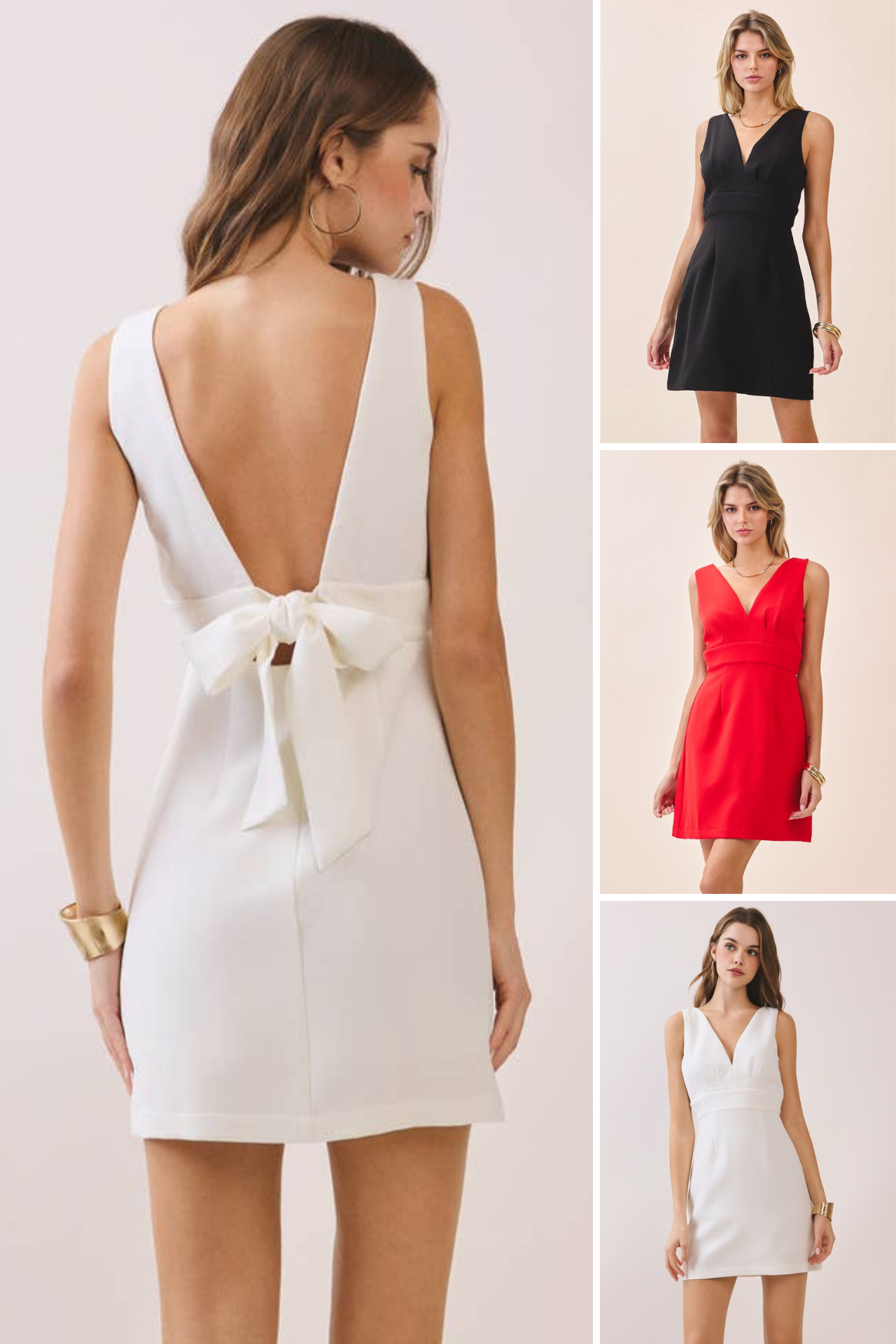 a sleeveless mini dress with a deep V-neckline, wide waistband, dramatic low back, and self-tie bow detail in black, red, and white
