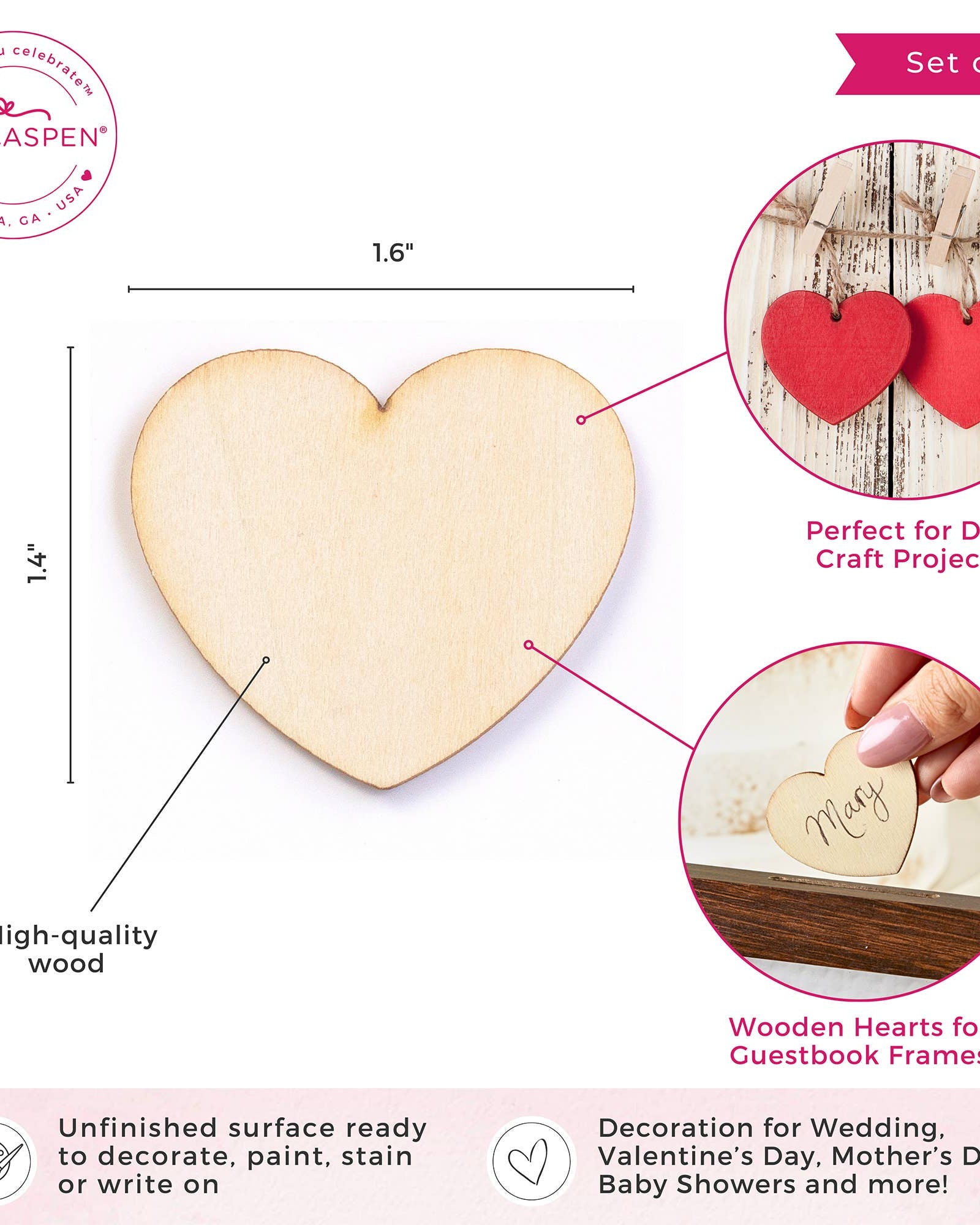 Wooden heart with measurements and uses, branded 'Kate Aspen'.