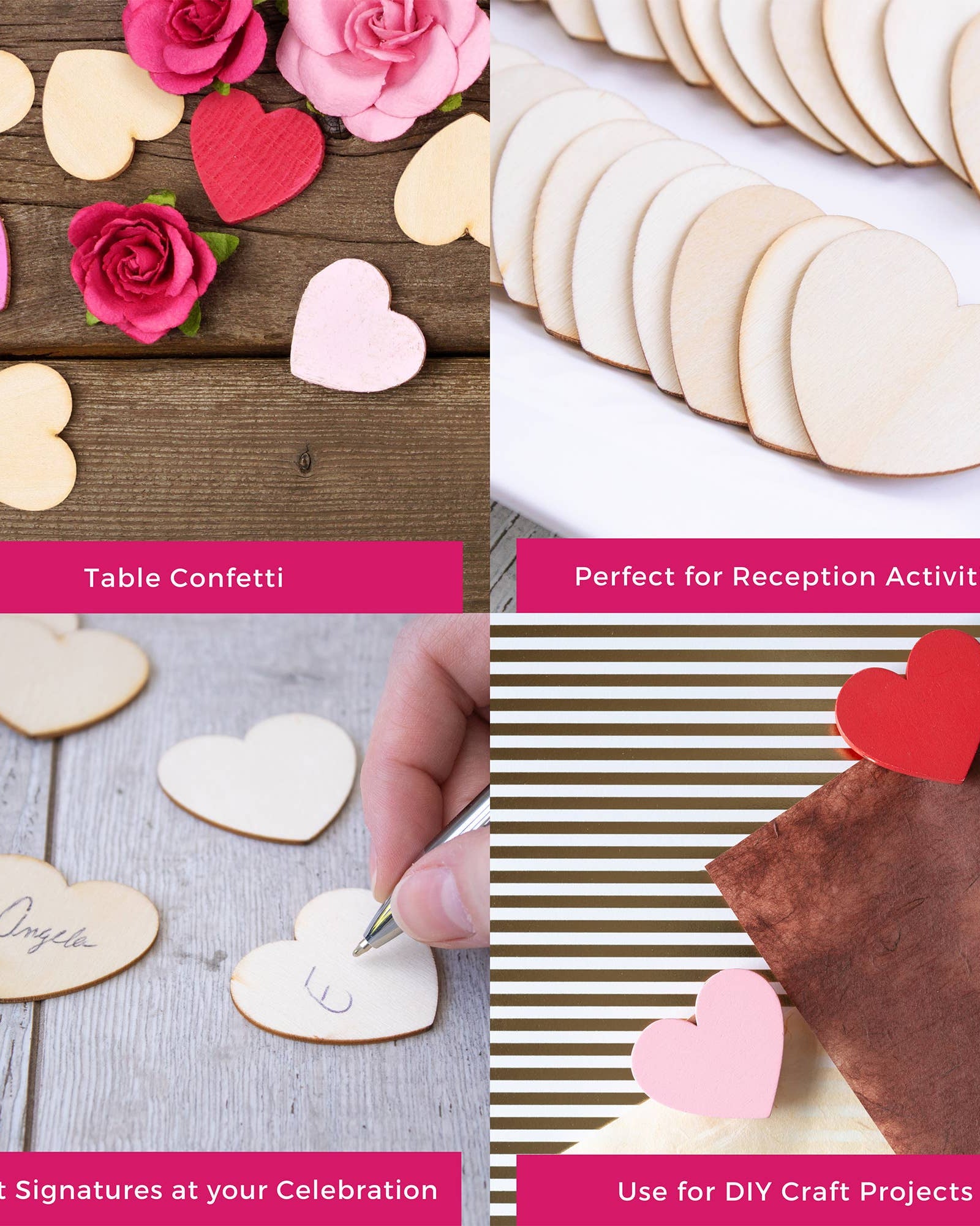 Heart-shaped wooden confetti and cutout pieces with text on a wooden surface.