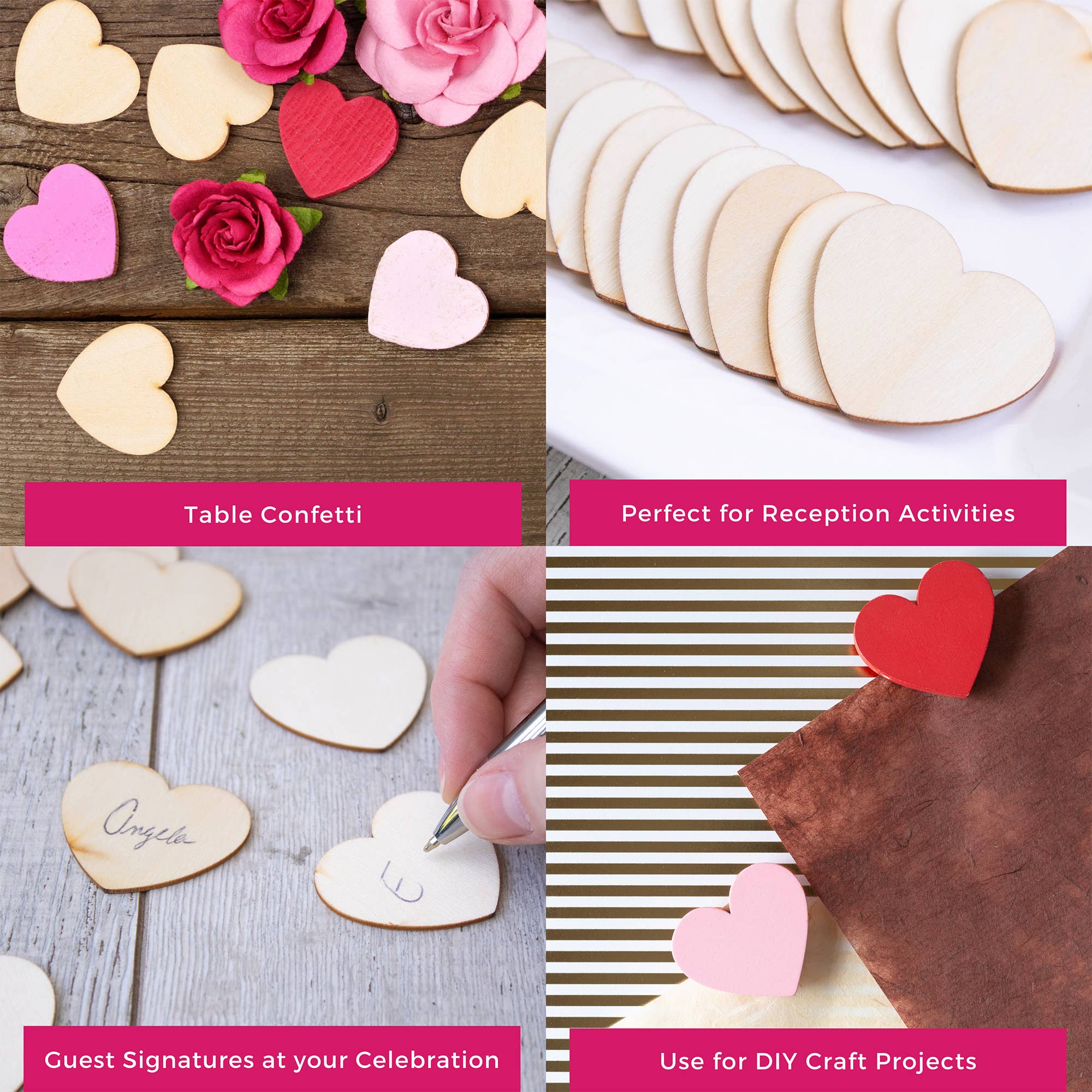 Heart-shaped wooden confetti and cutout pieces with text on a wooden surface.