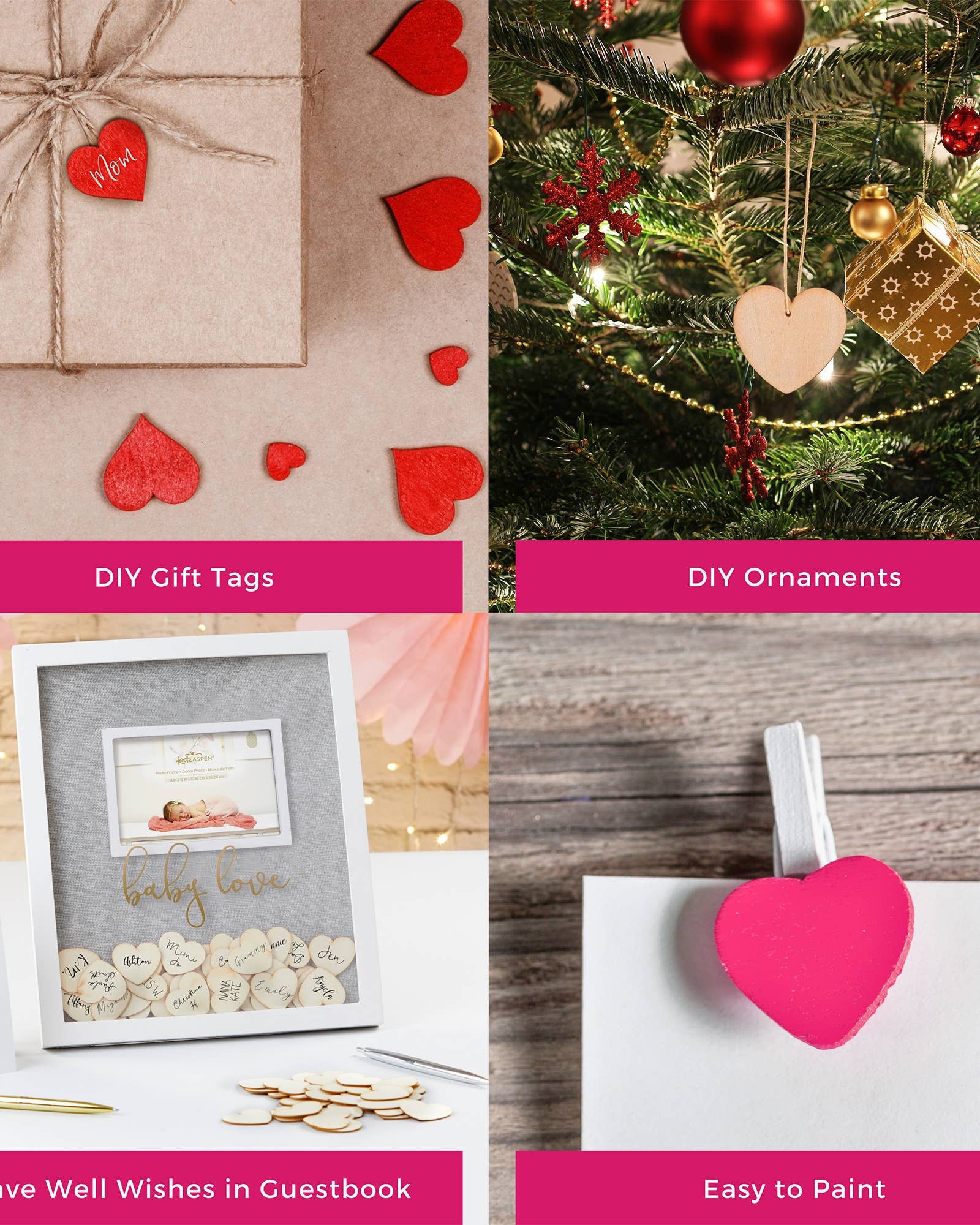 Collage of DIY gift tags, ornaments, and decorations with text labels.