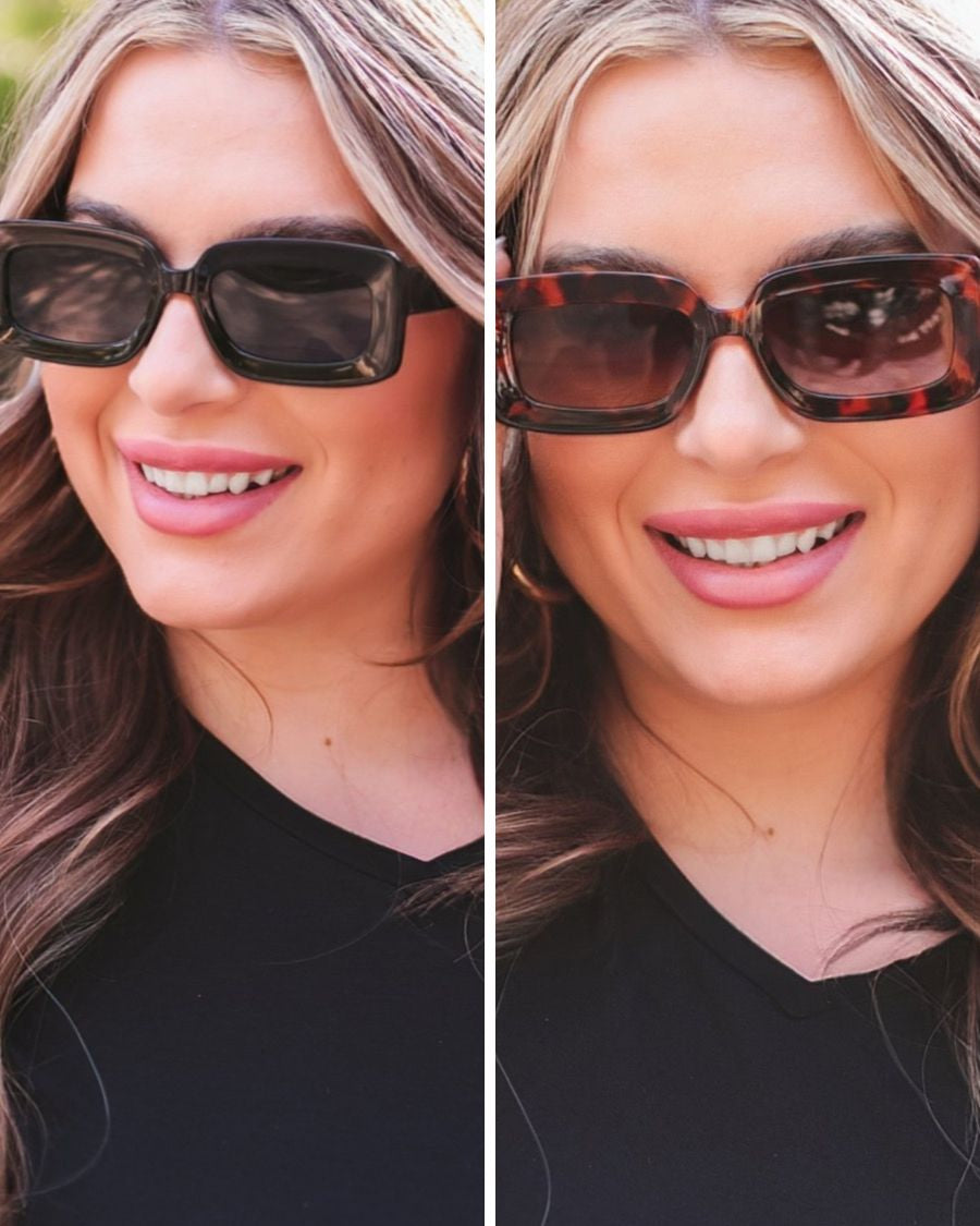 black and brown chunky rectangular sunglasses with thick frames, tinted lenses, smooth finish, UV protection, and brand detail (on both the temple and the complimentary black pouch)